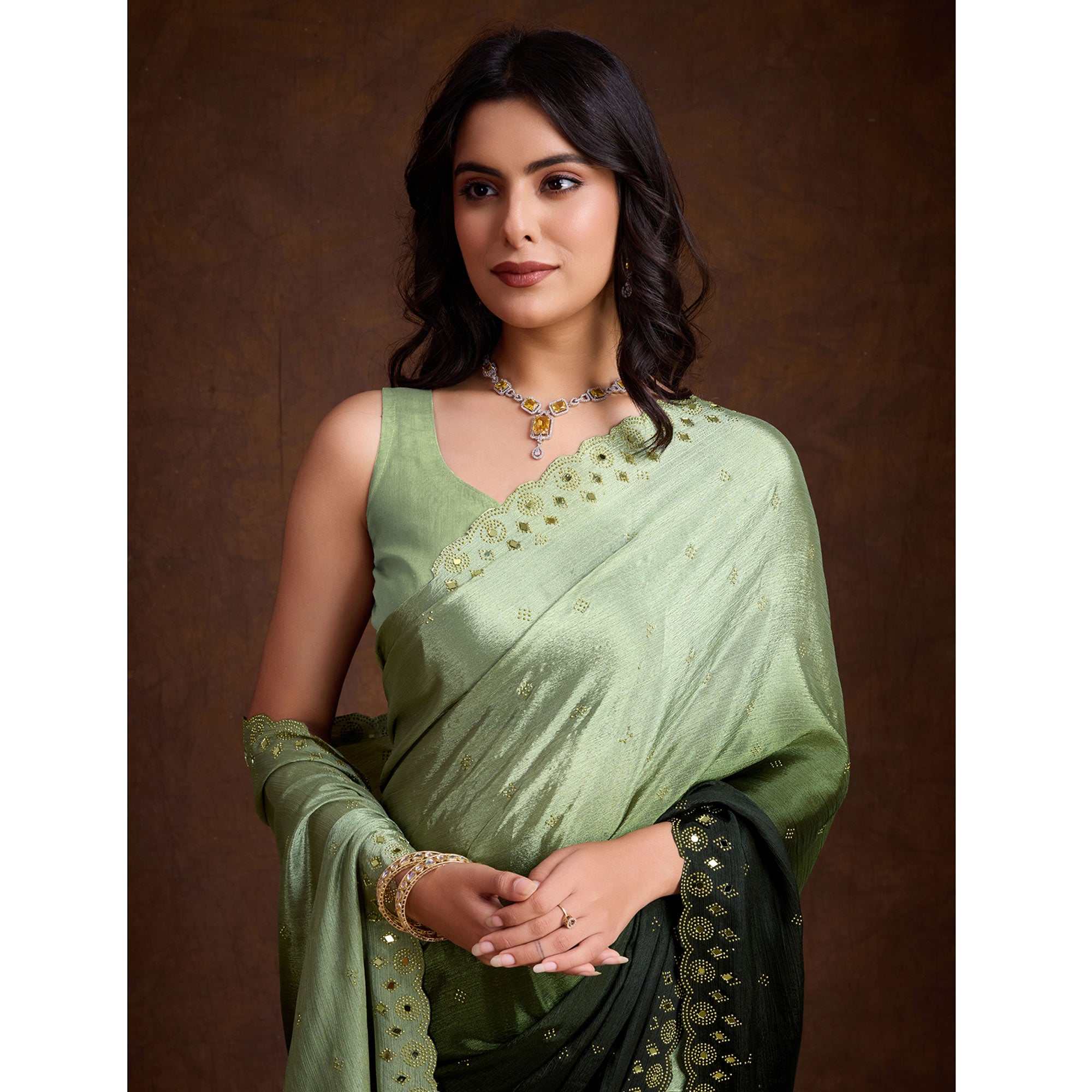 Green Ombre Chinon Saree With Mirror Border