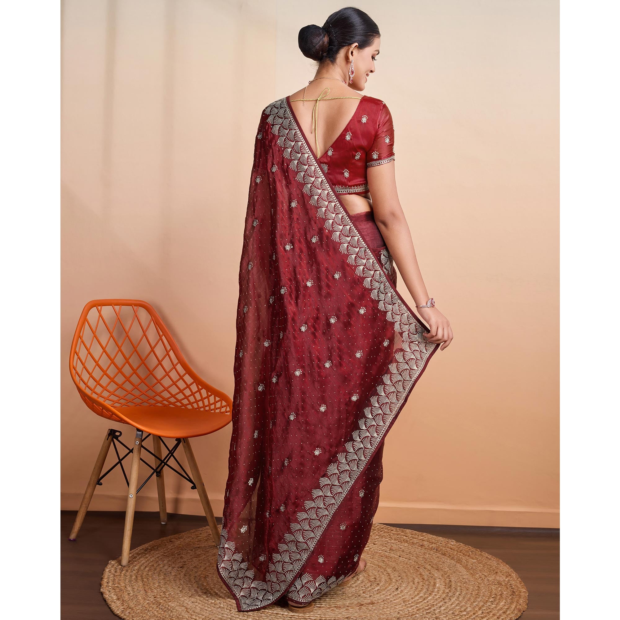 Wine Embroidered Tussar Silk Saree