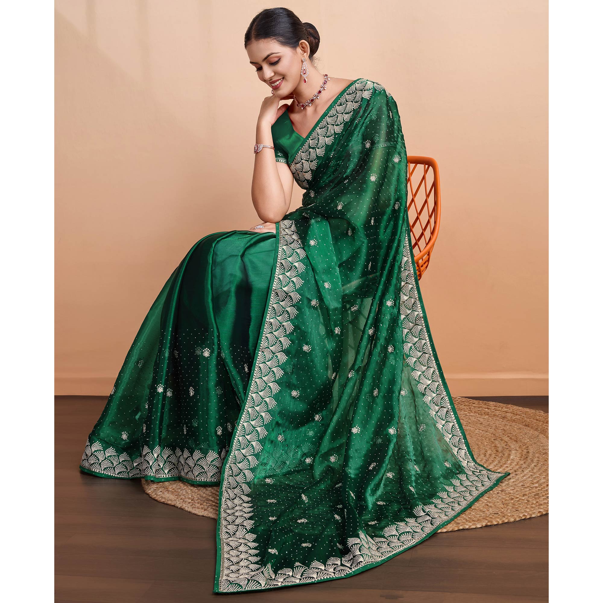 Green Embroidered Tussar Silk Saree - Image 6