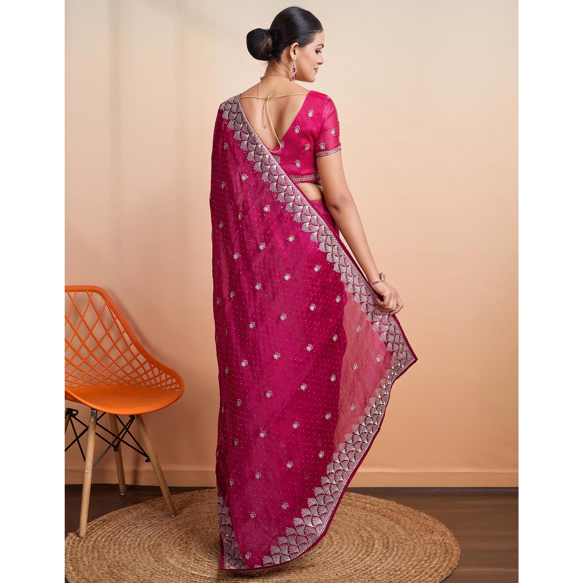 Pink Embroidered Tussar Silk Saree