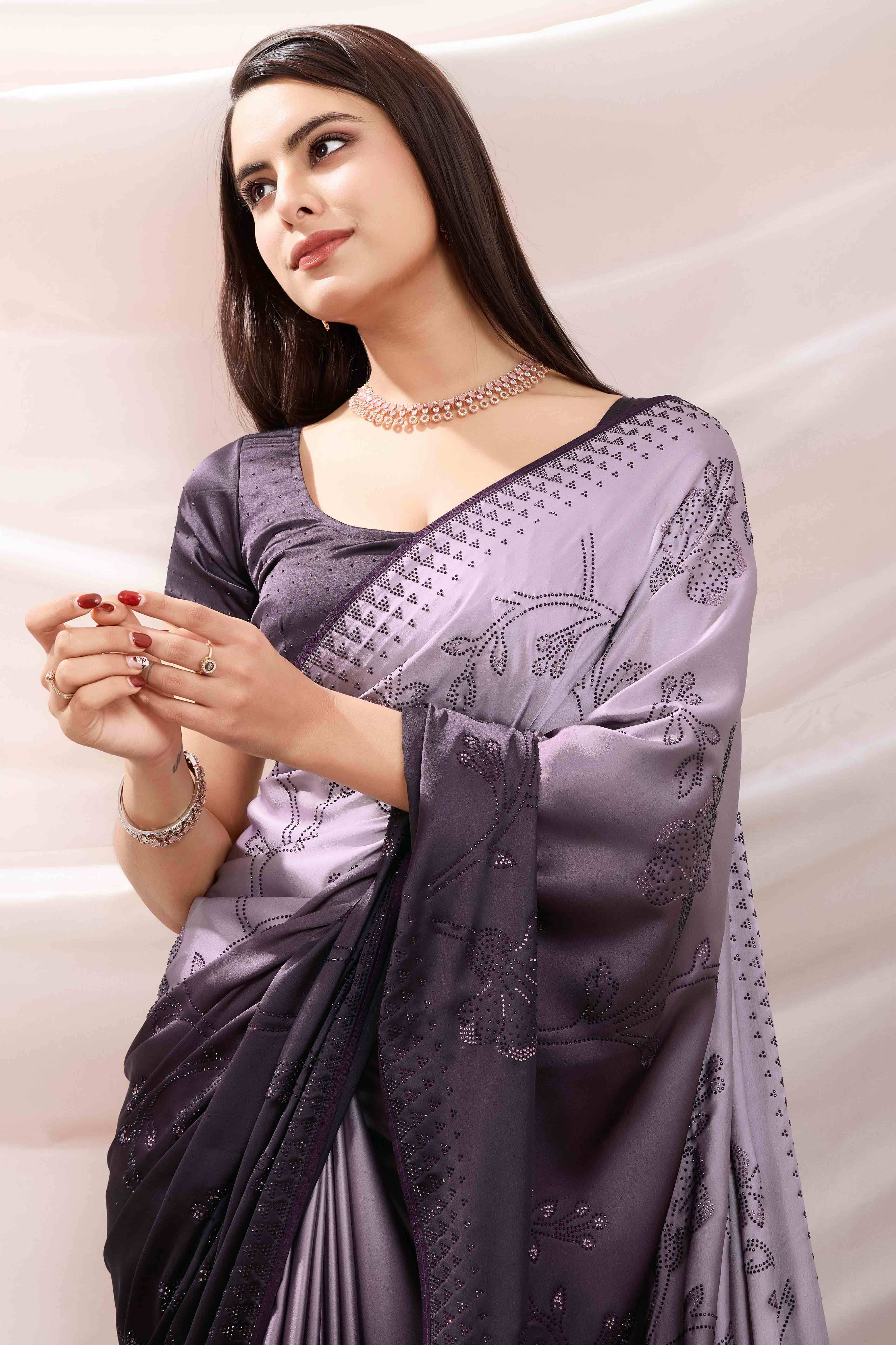 Purple Floral Swarovski Work Satin Saree