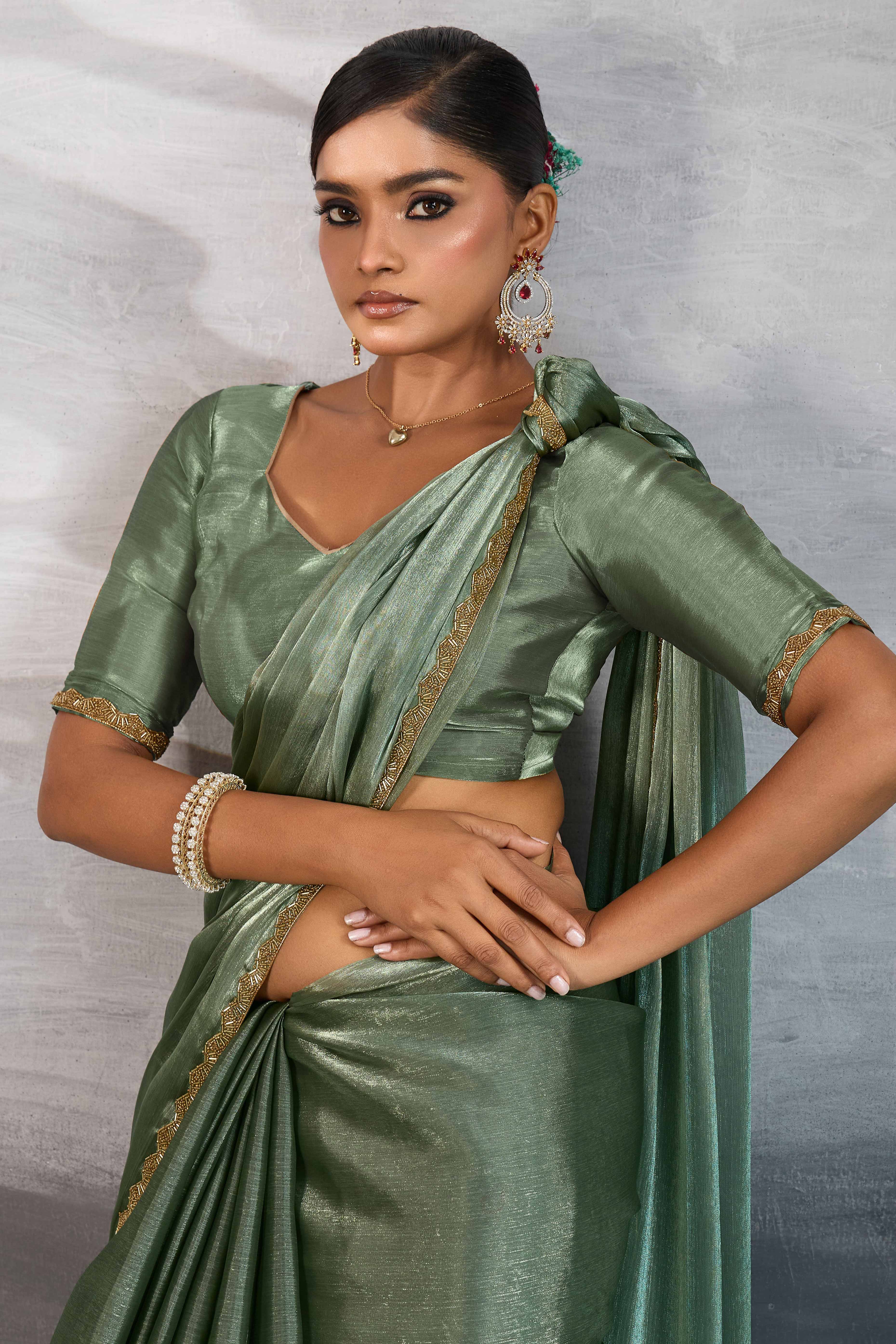 Solid Sage Green Chiffon Saree Featuring Beads Embellished Border