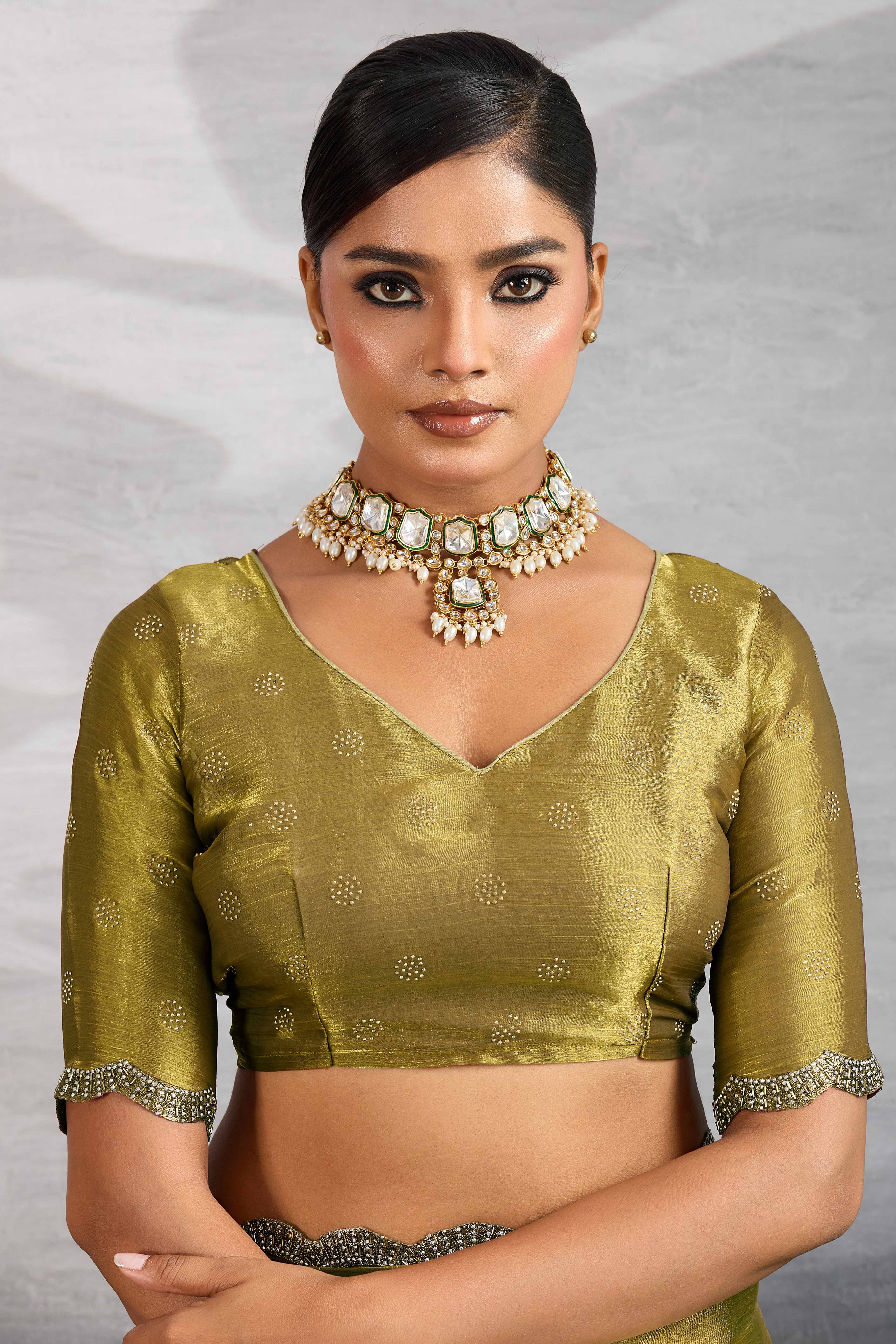 Gold Burberry Chiffon Saree Embellished With Zarkan & Cutdana Appliqué Lace Border