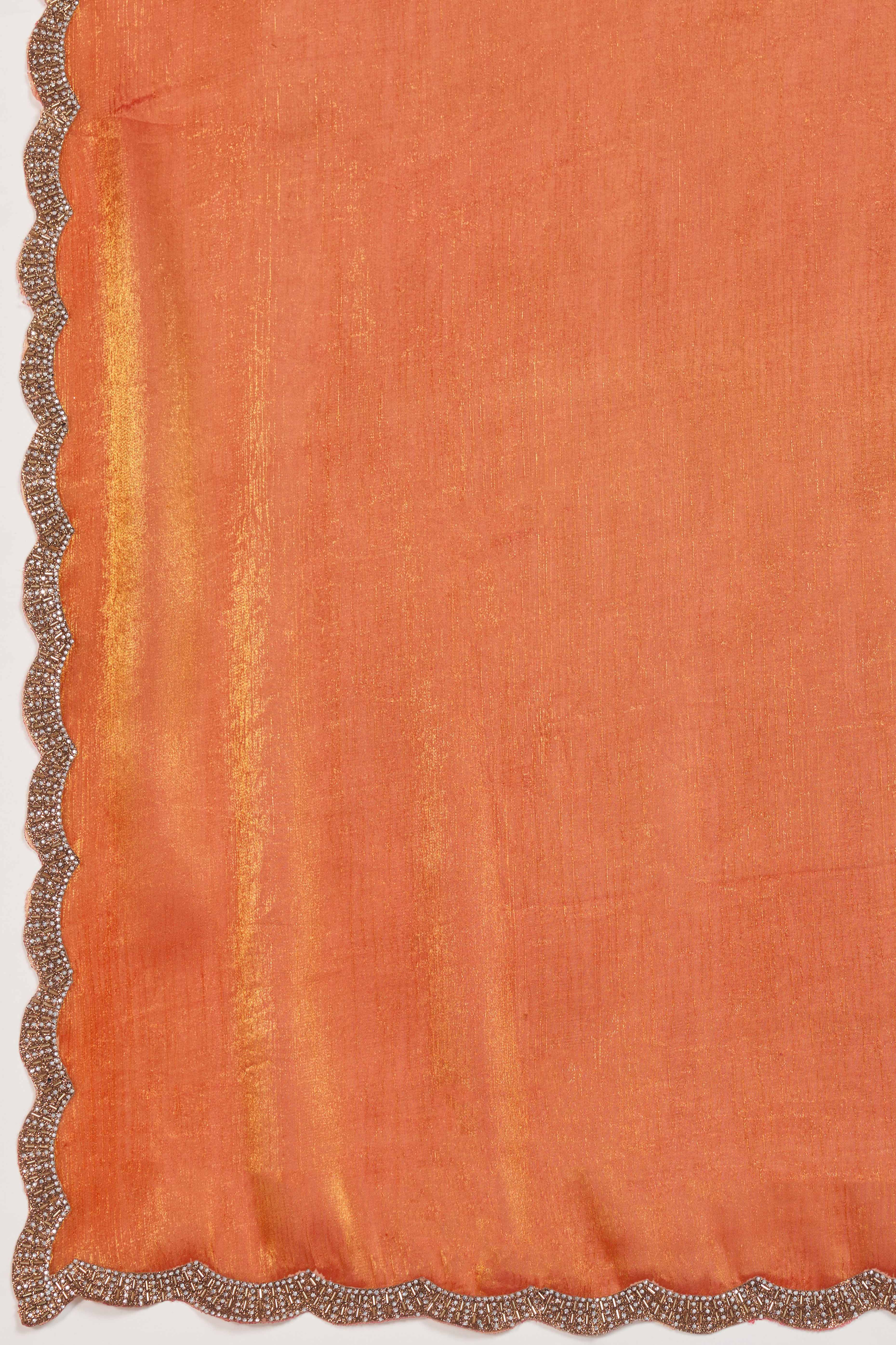 Peach Burberry Chiffon Saree Embellished With Zarkan & Cutdana Appliqué Lace Border