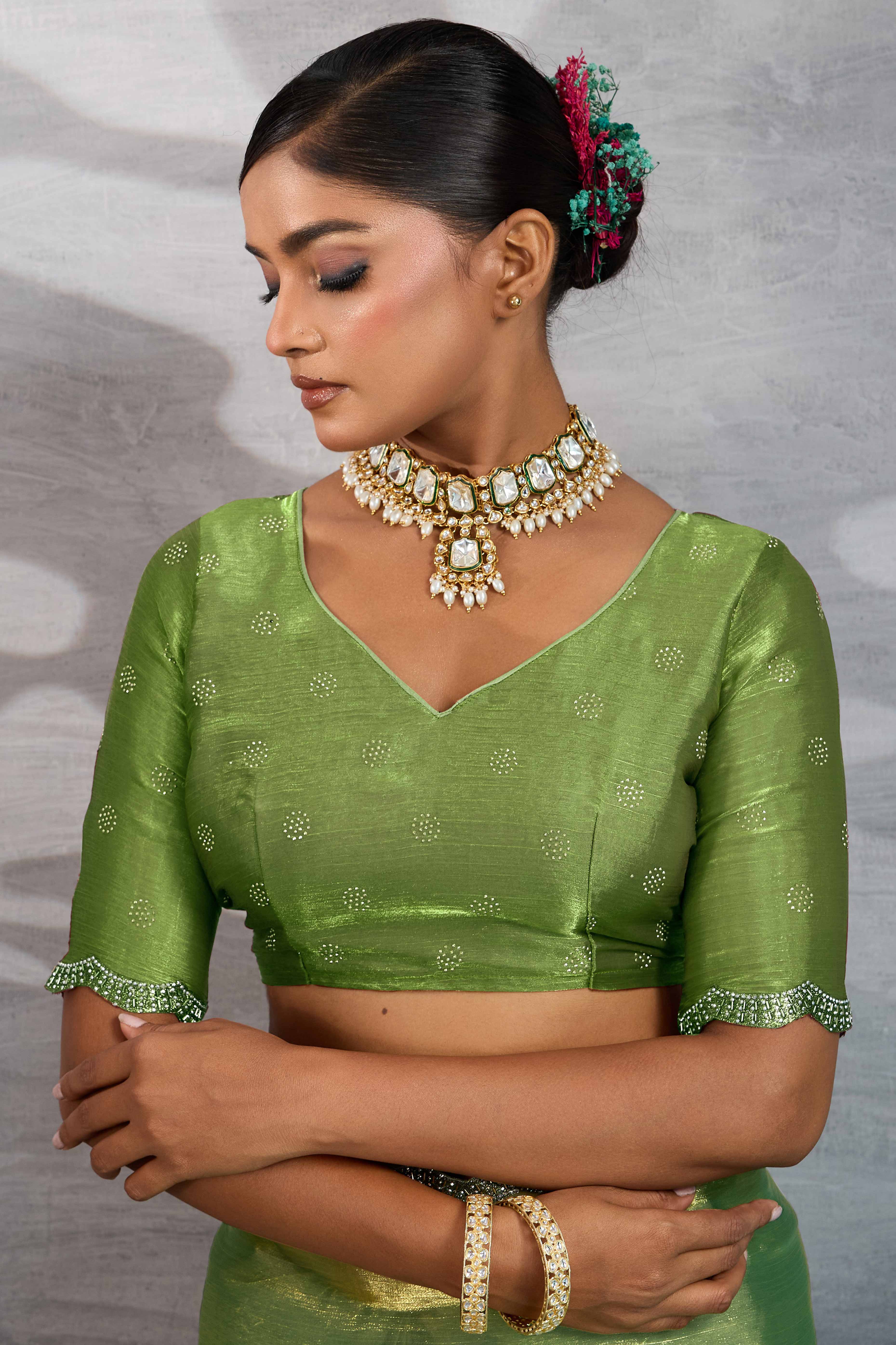 Green Burberry Chiffon Saree Embellished With Zarkan & Cutdana Appliqué Lace Border