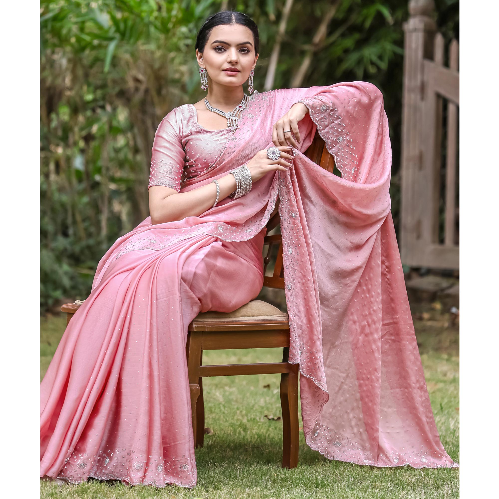 Pink Embellished Satin Saree With Stones Work
