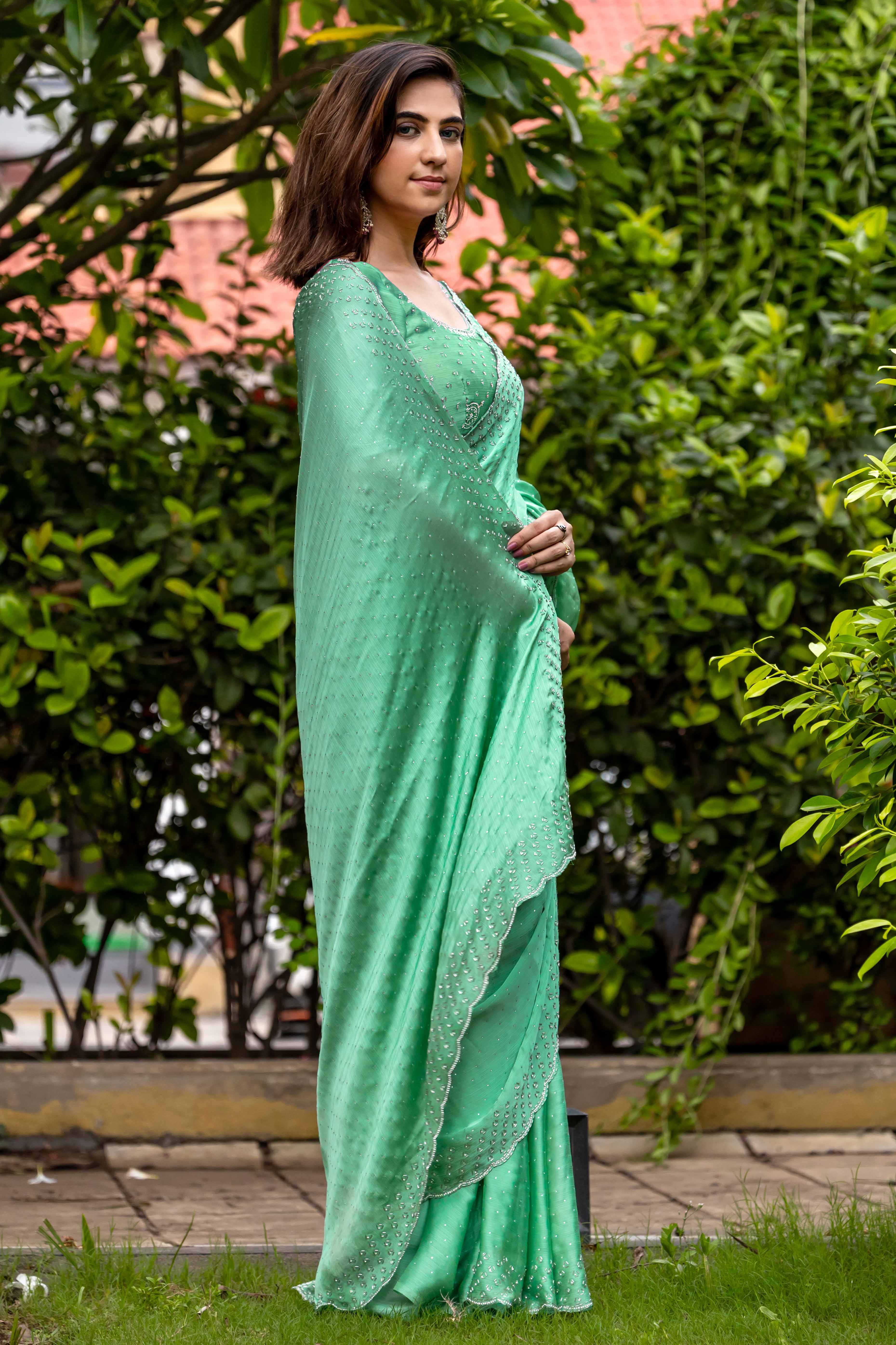 Ethereal Mint Green Satin Chiffon Saree with Handcrafted Sequin & Bead Detailing