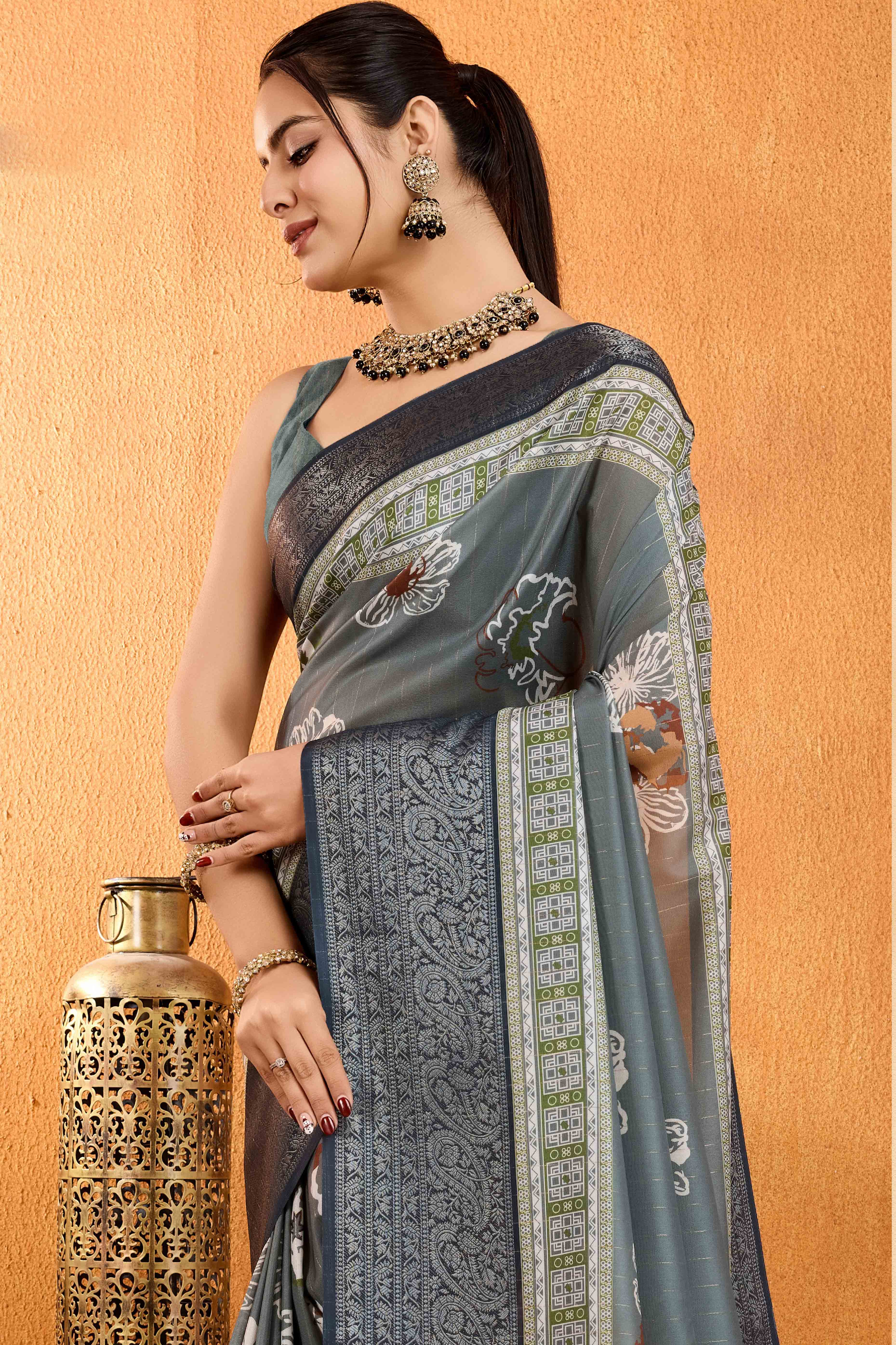 Grey Floral Printed Crepe Saree With Rich Zari Border