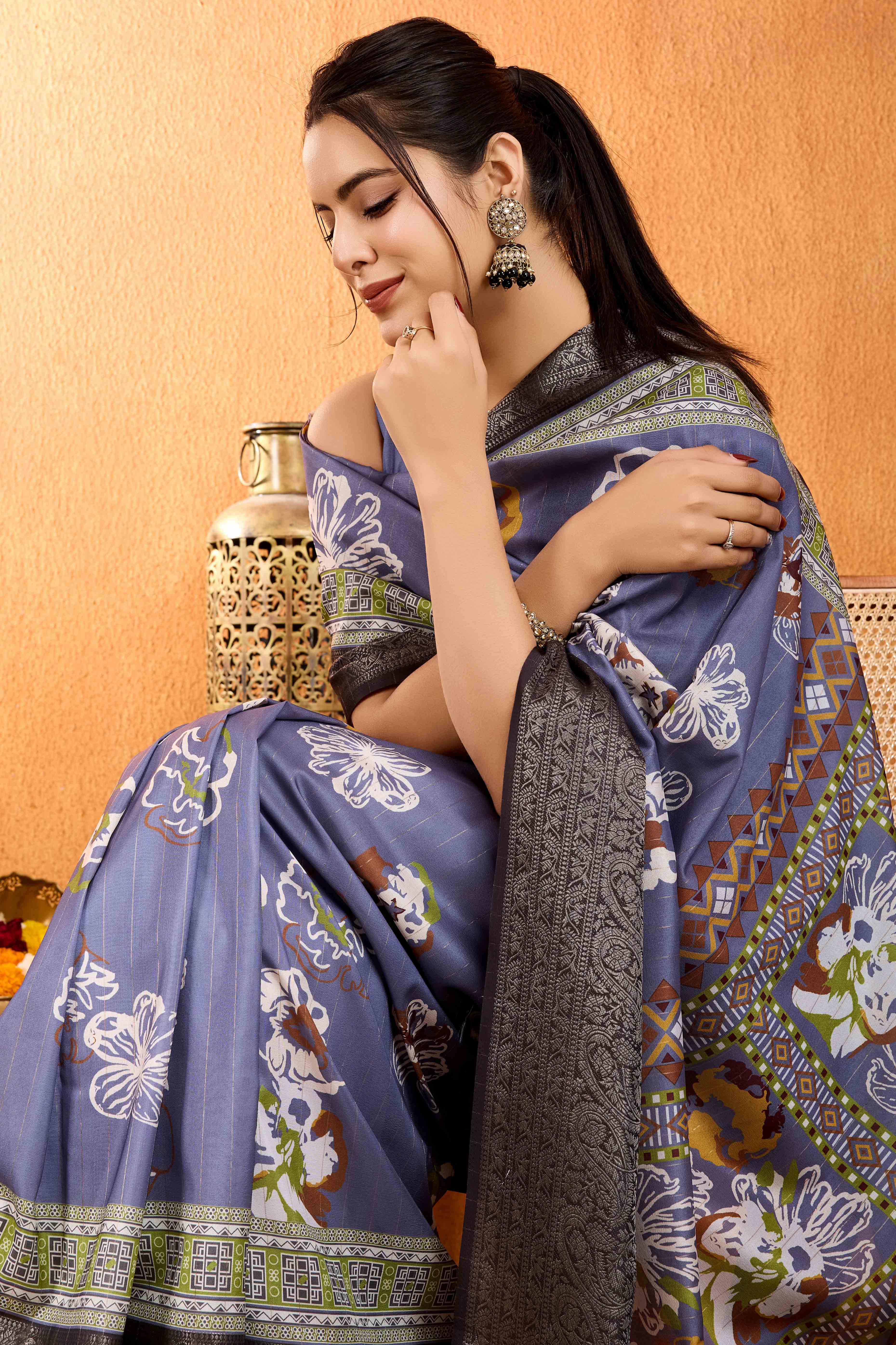 Lavender Floral Printed Crepe Saree With Rich Zari Border