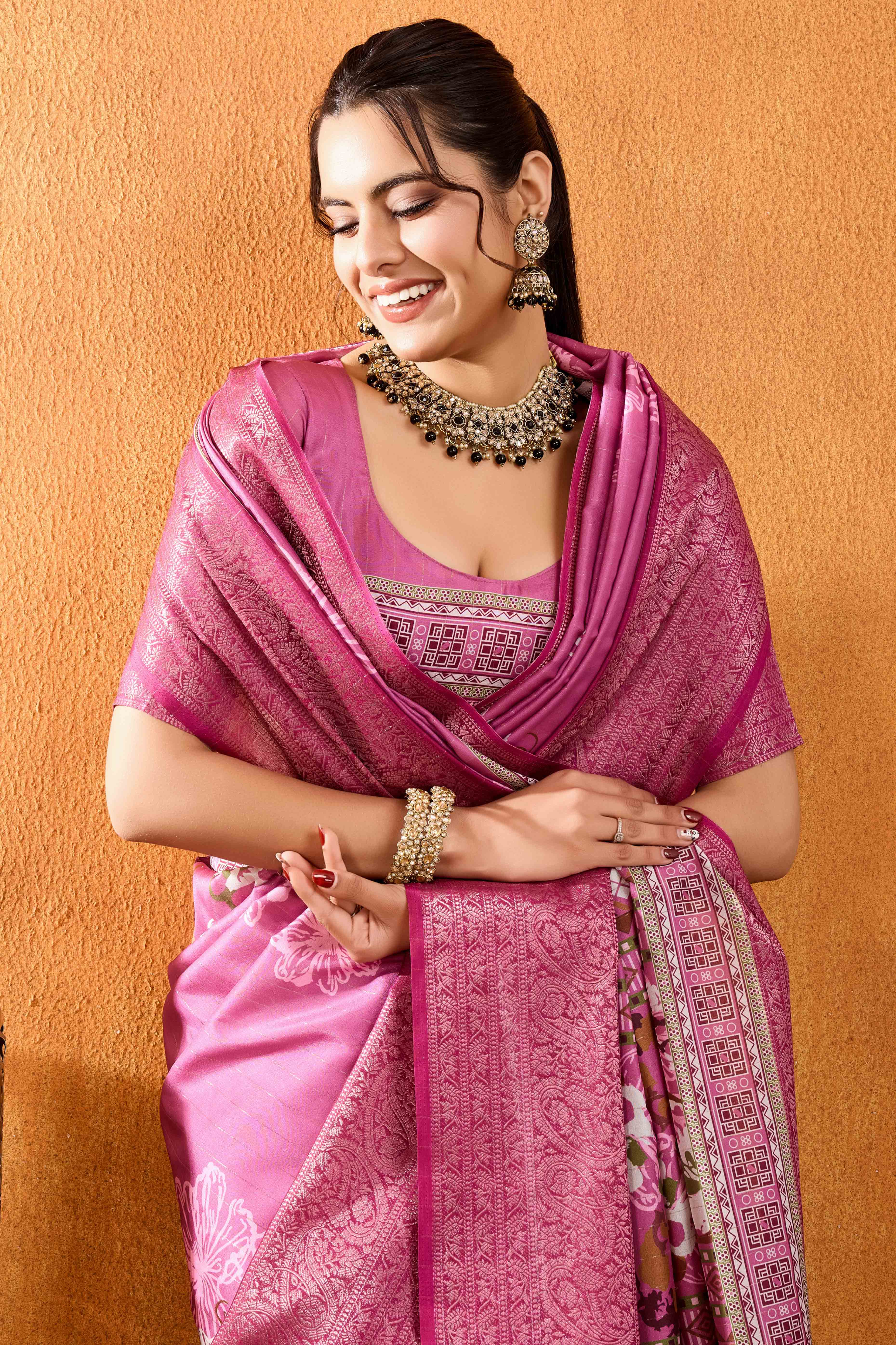Pink Floral Printed Crepe Saree With Rich Zari Border