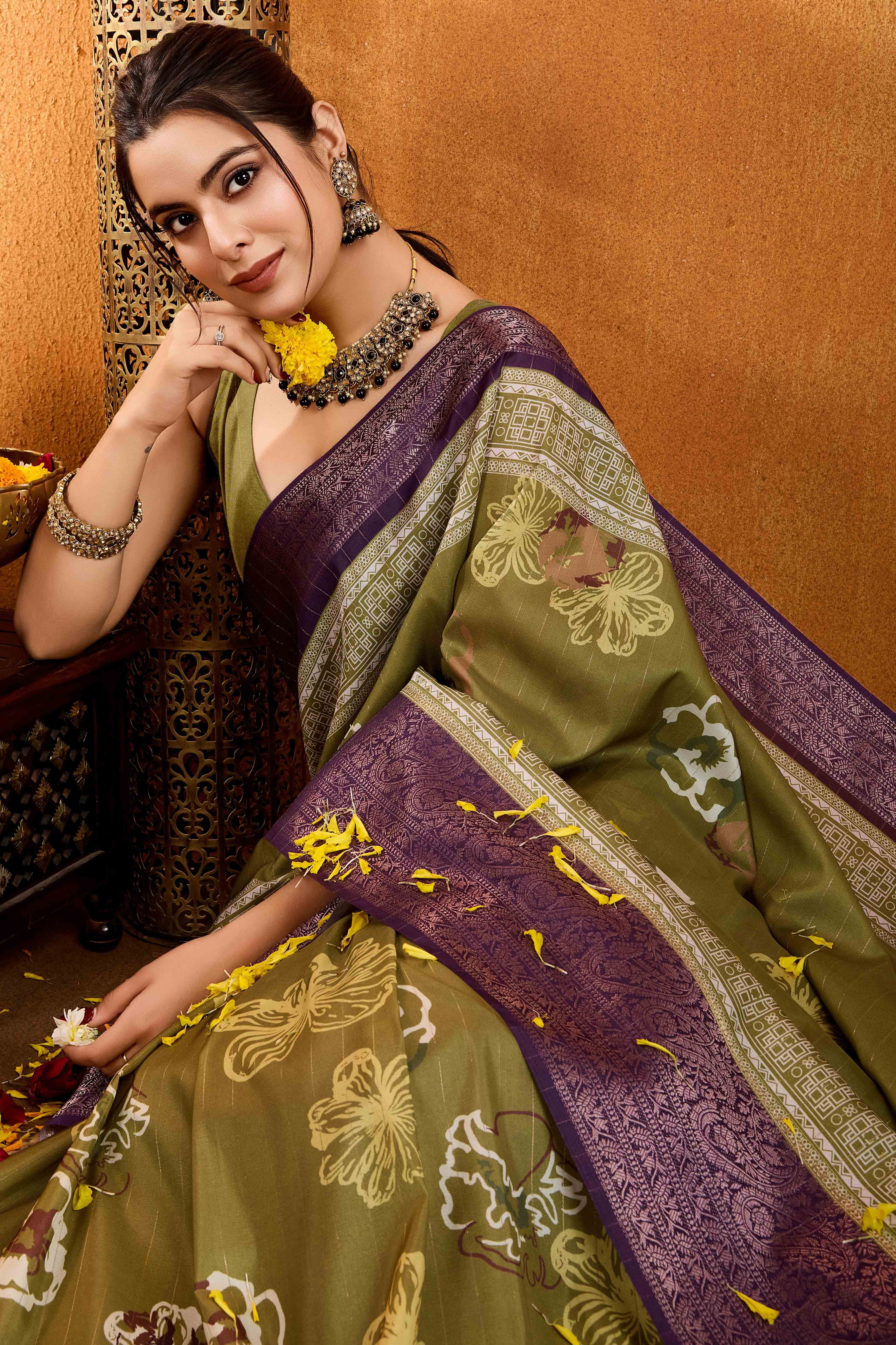 Green Floral Printed Crepe Saree With Rich Zari Border