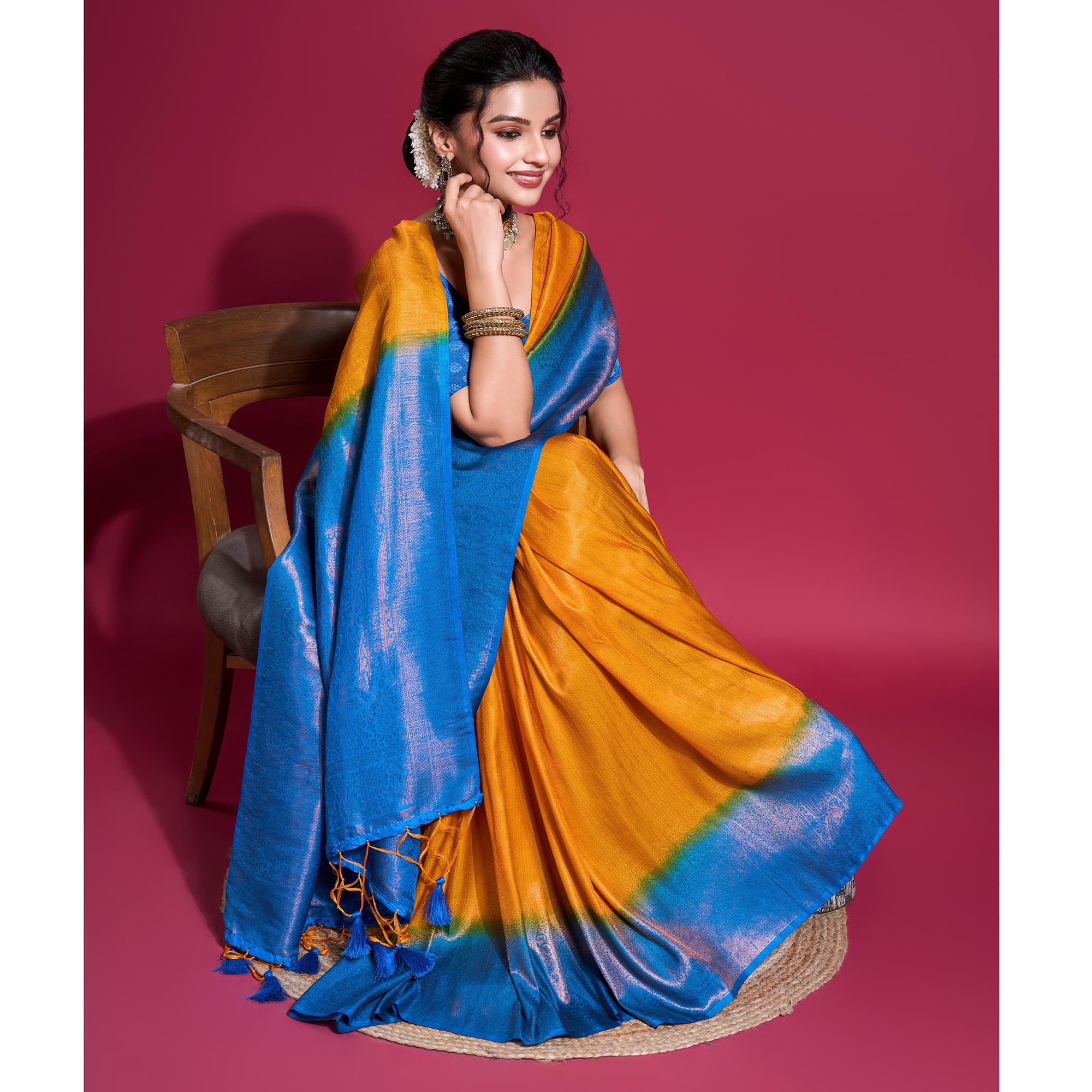 Yellow & Blue Woven Kanjivaram Silk Saree With Tassels