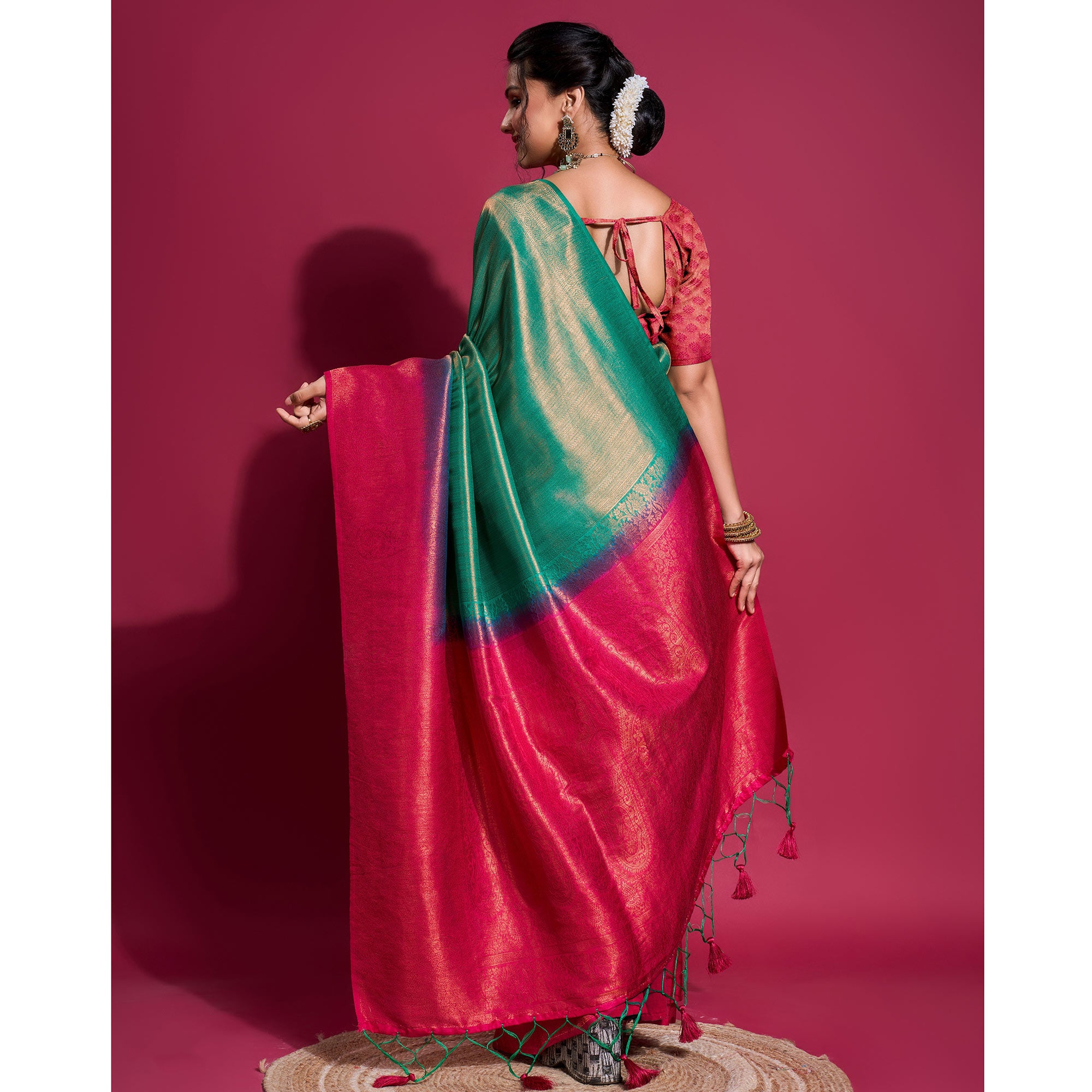Green & Pink Woven Kanjivaram Silk Saree With Tassels
