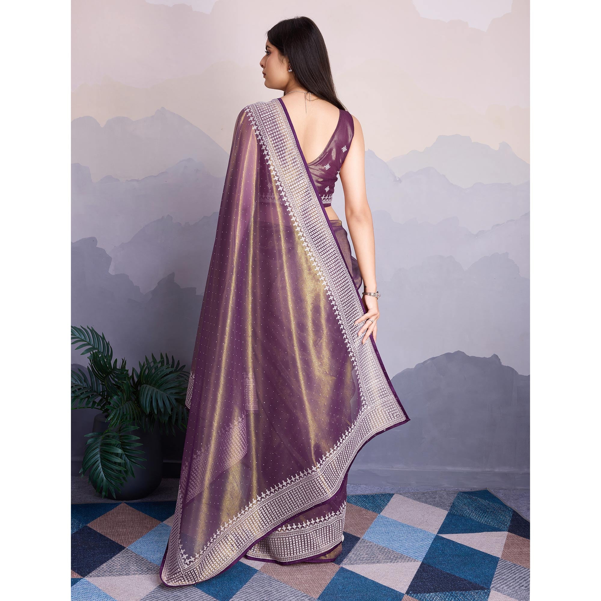 Purple Swarovski Work Embroidered Net Saree