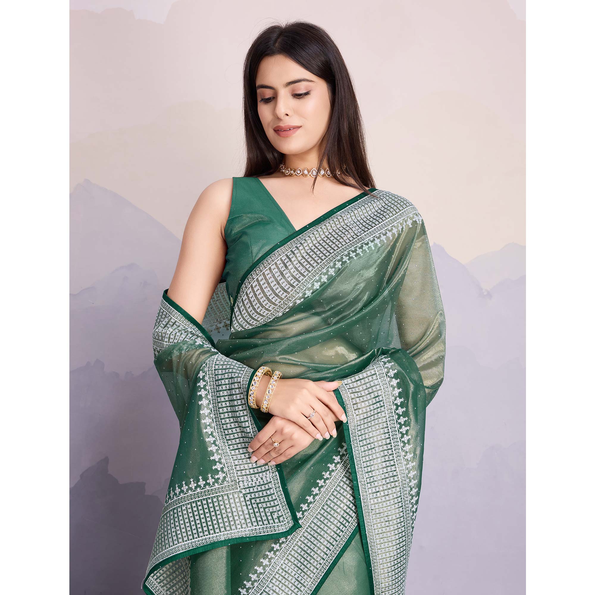 Green Swarovski Work Embroidered Net Saree