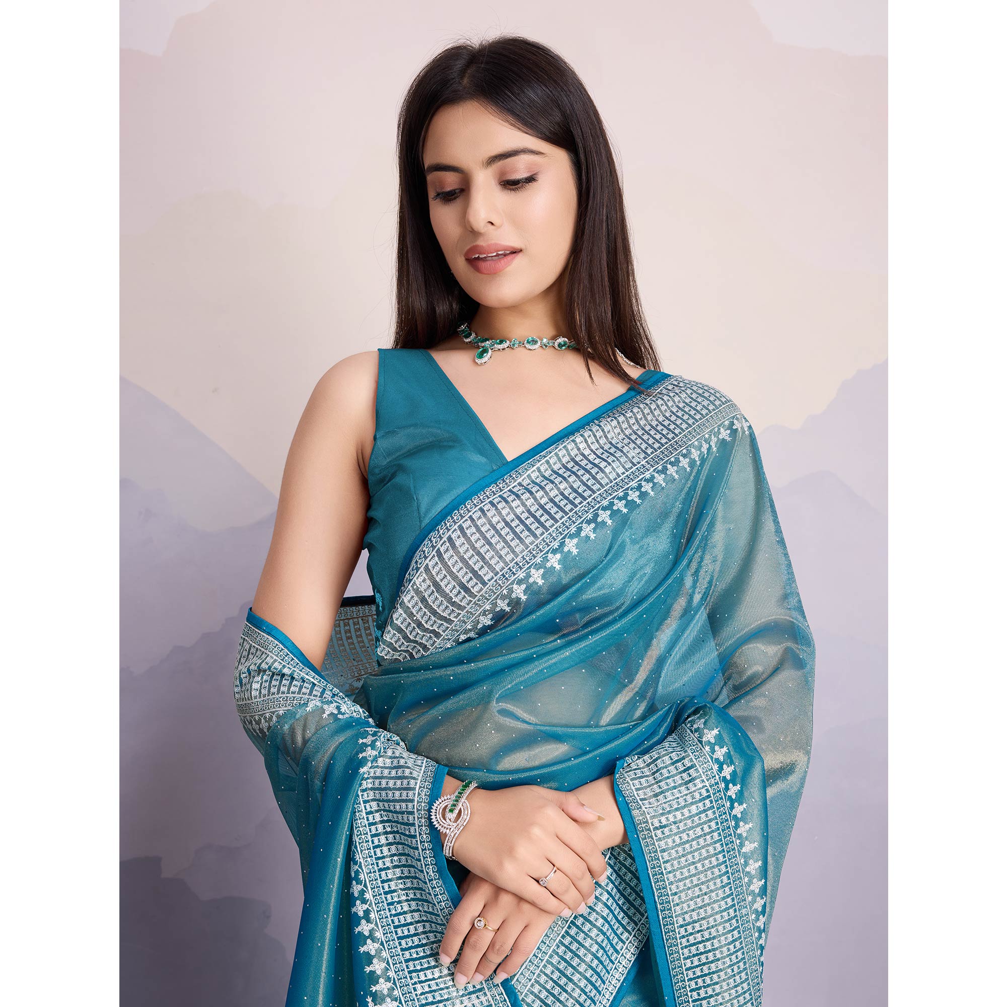 Blue Swarovski Work Embroidered Net Saree