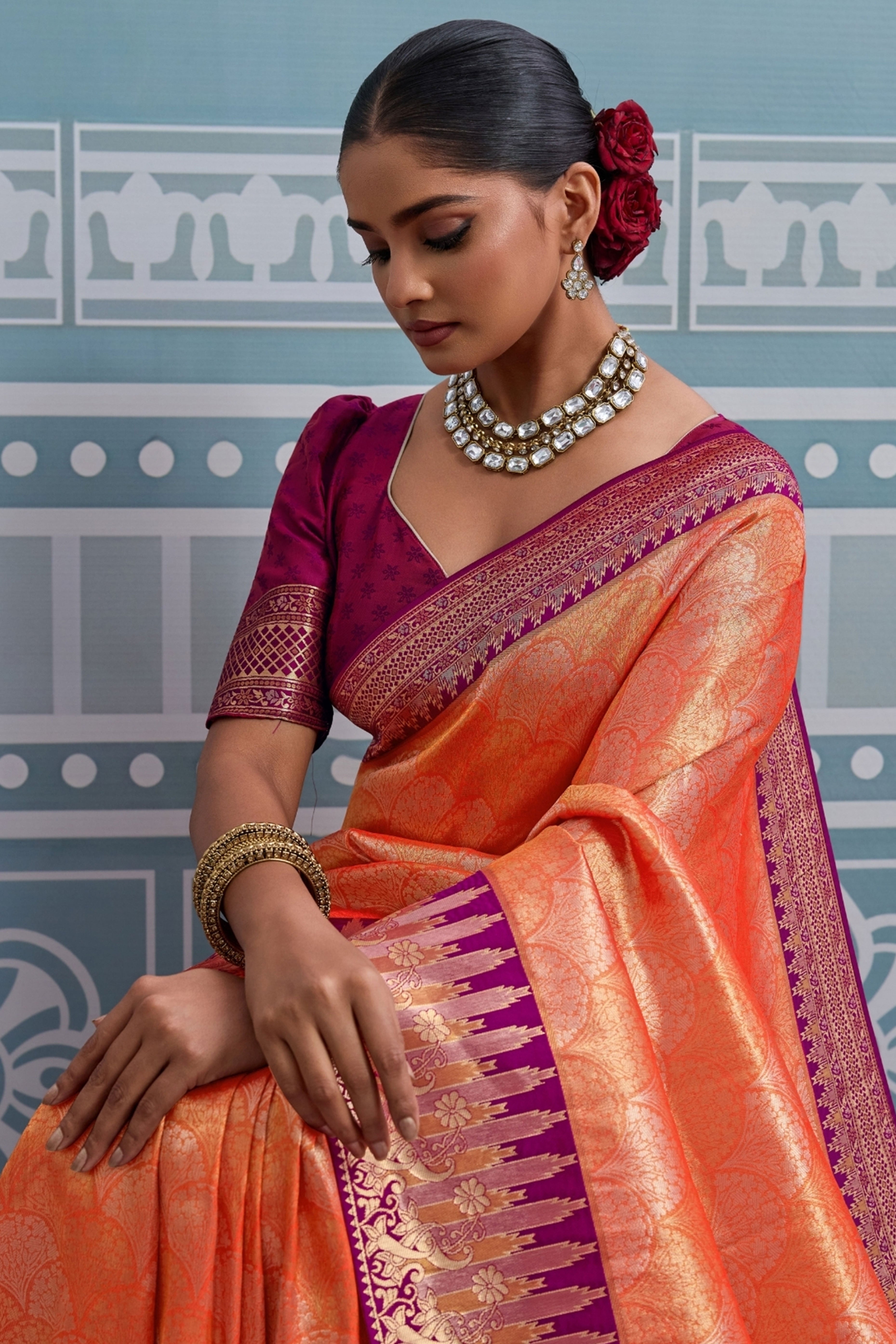 Orange Soft Kanjivaram Silk Saree with Classic Zari Weaving for Elegant Styling