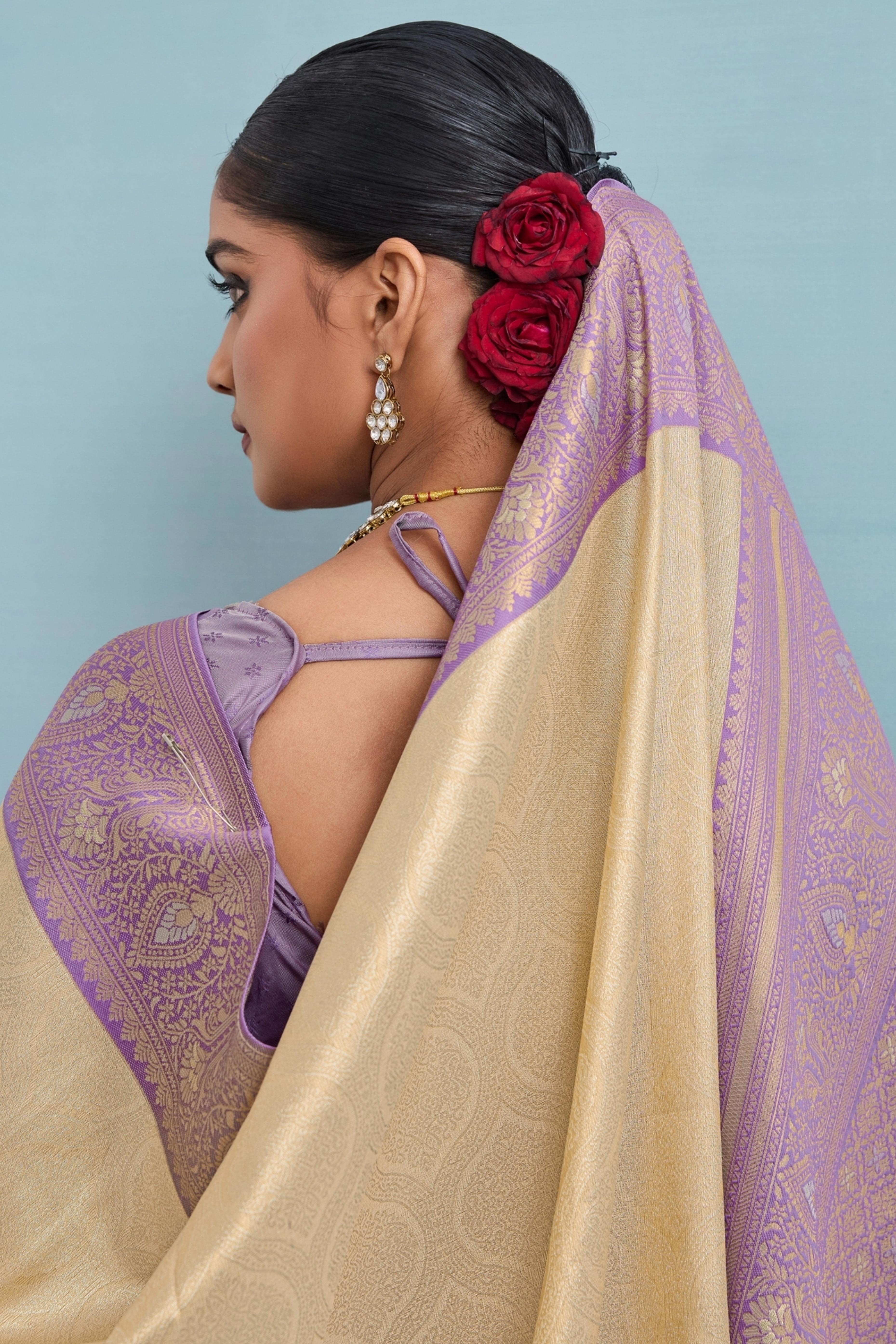 Beige Soft Kanjivaram Silk Saree with Classic Zari Weaving for Elegant Styling