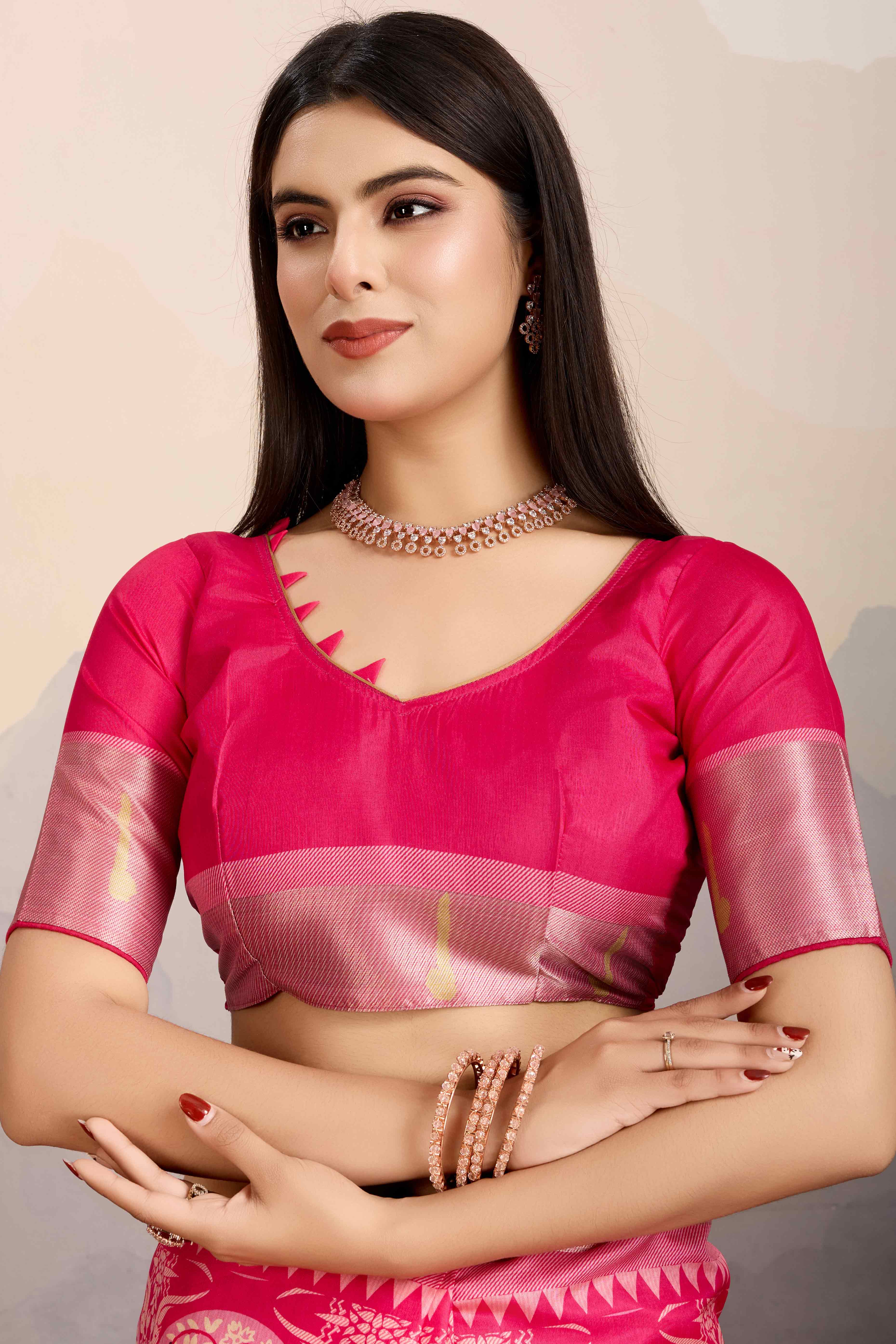 Pink Digital Printed Dola Silk Saree With Exquisite Weaving Zari Border & Opulent Pallu