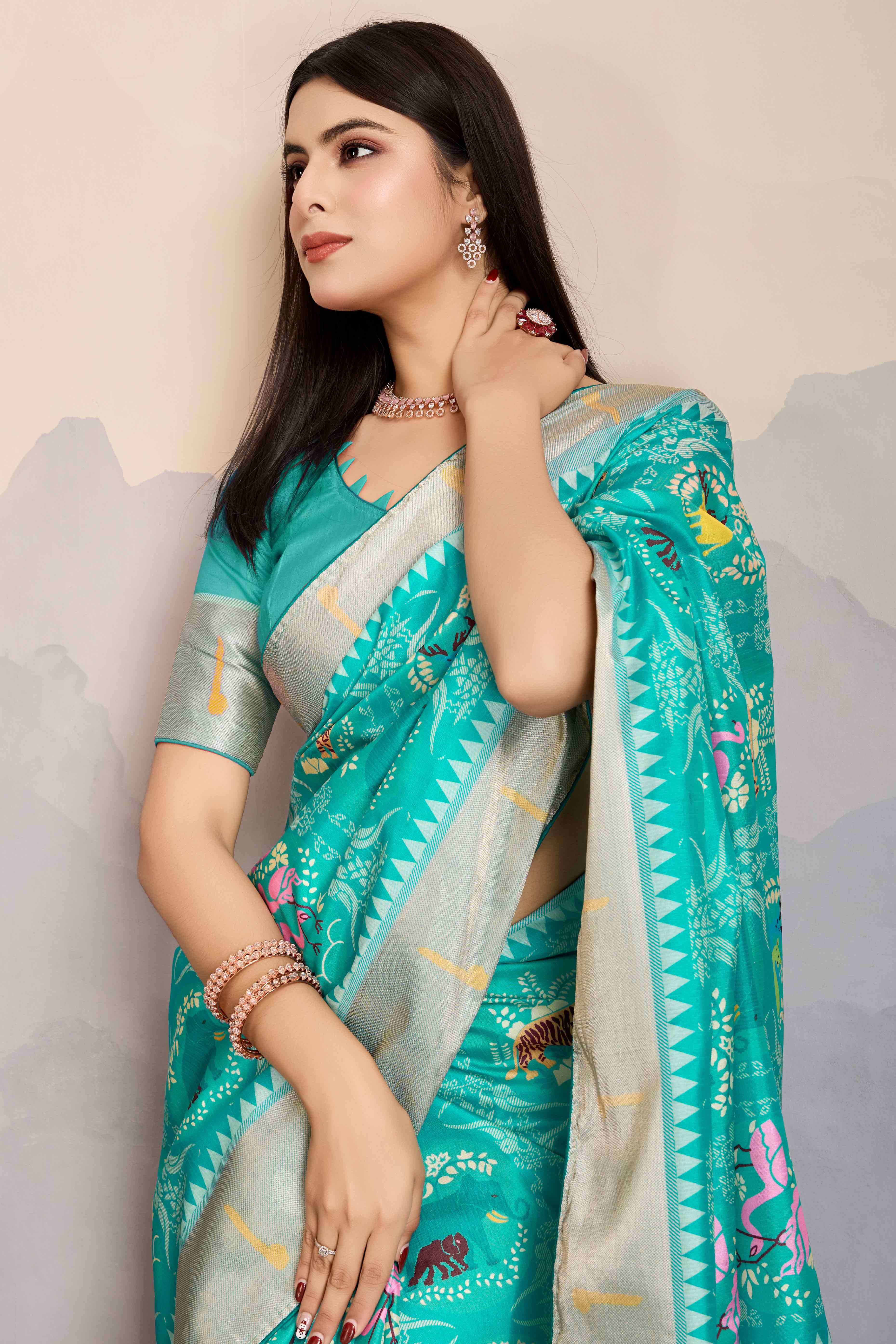 Turquoise Digital Printed Dola Silk Saree With Exquisite Weaving Zari Border & Opulent Pallu