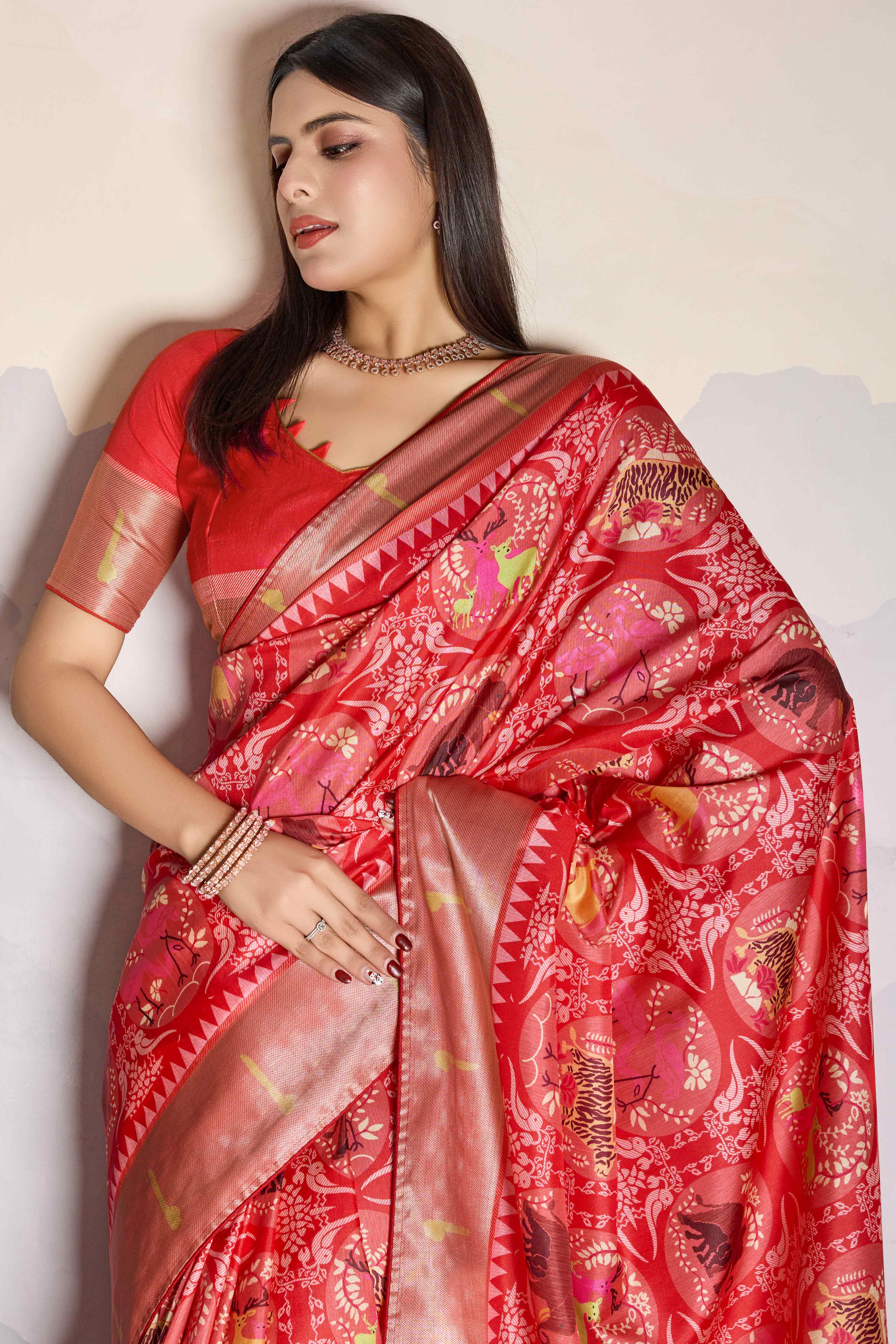 Red Digital Printed Dola Silk Saree With Exquisite Weaving Zari Border & Opulent Pallu