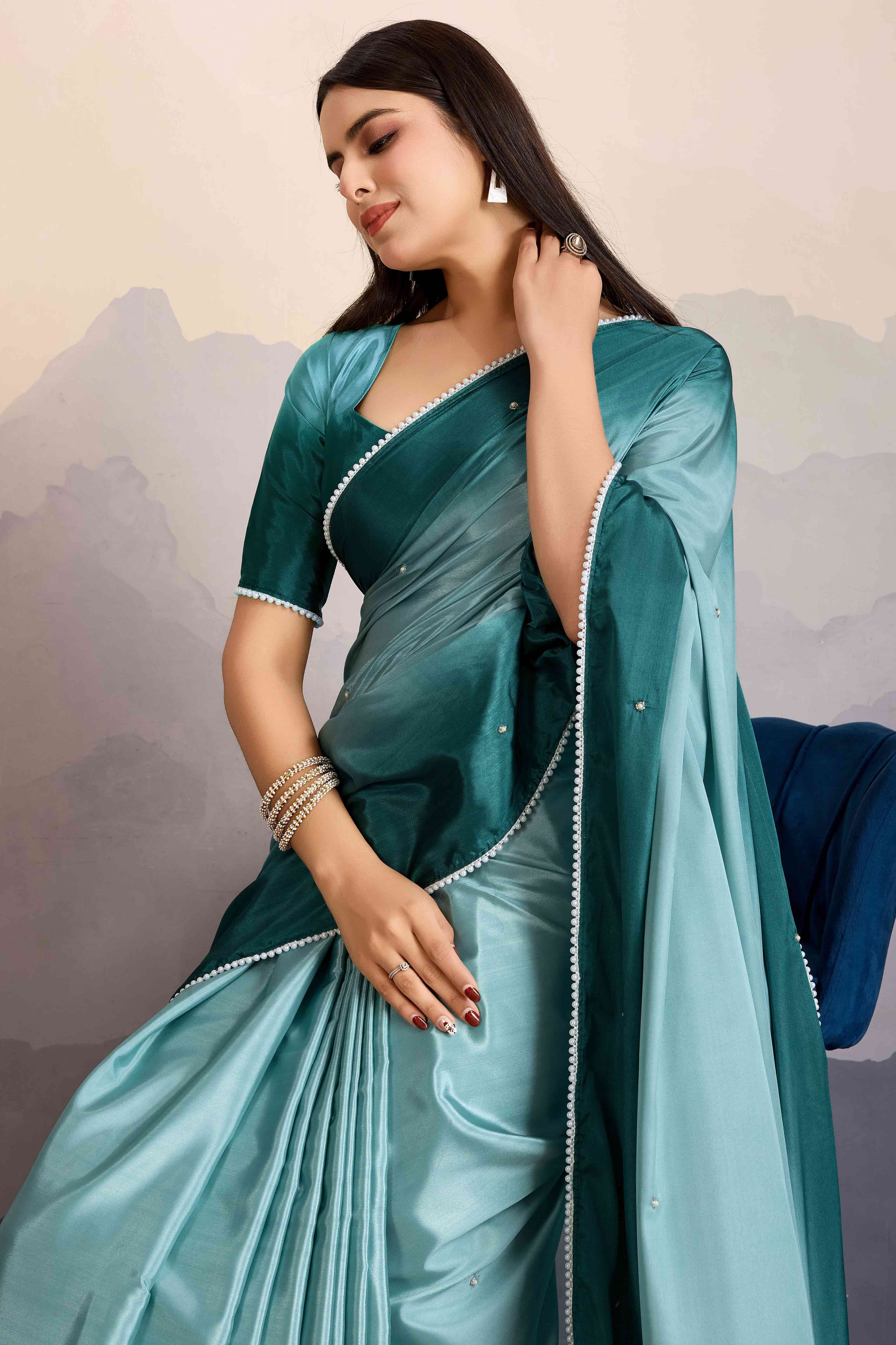 Sea Green Ombre Satin Saree with Delicate Bead Embellishments
