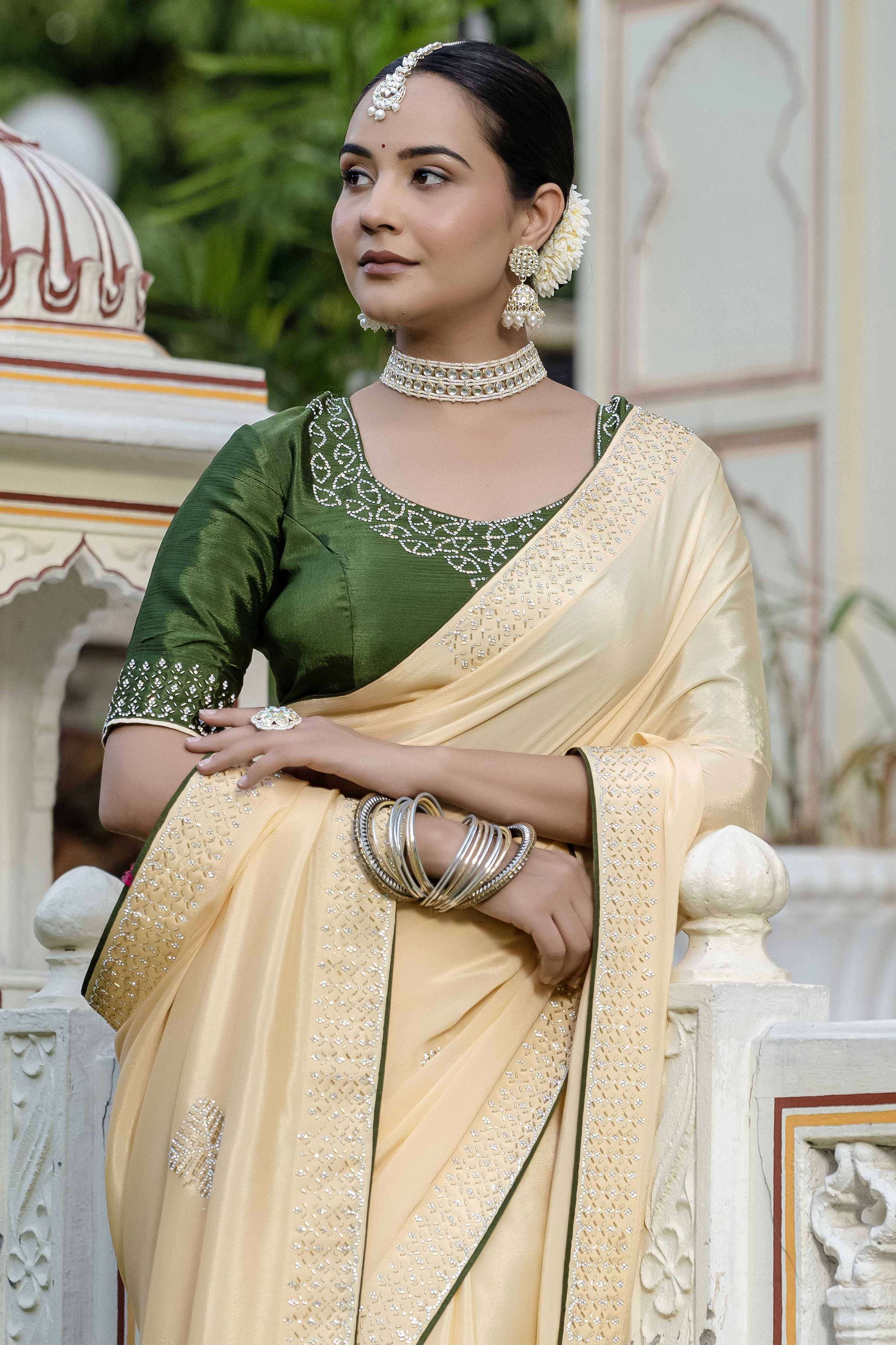 Yellow Chinon Saree Adorned With Scattered Buttas & Intricate Beads & Zarkan Handwork