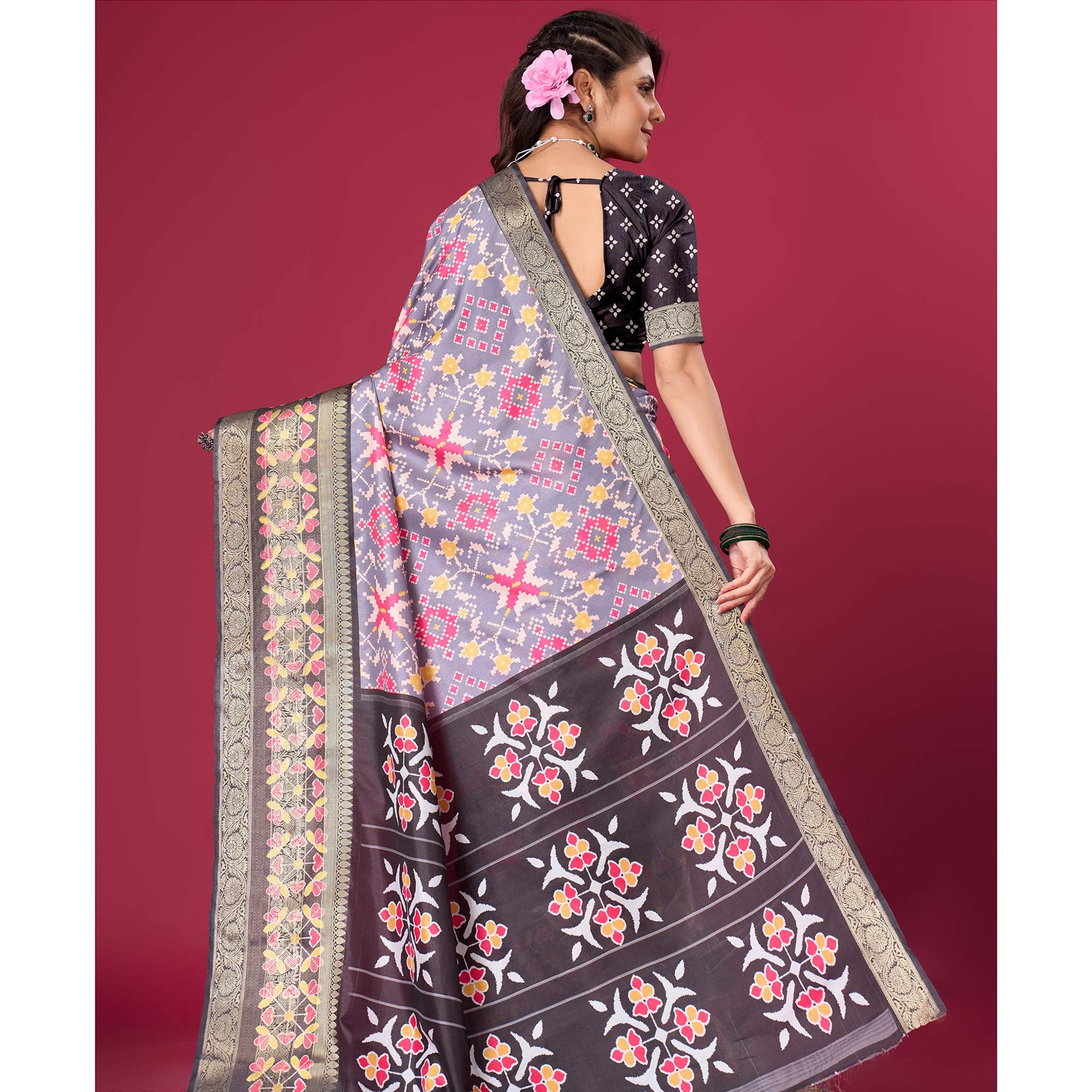 Grey & Black Digital Patola Printed With Woven Border Dola Silk Saree