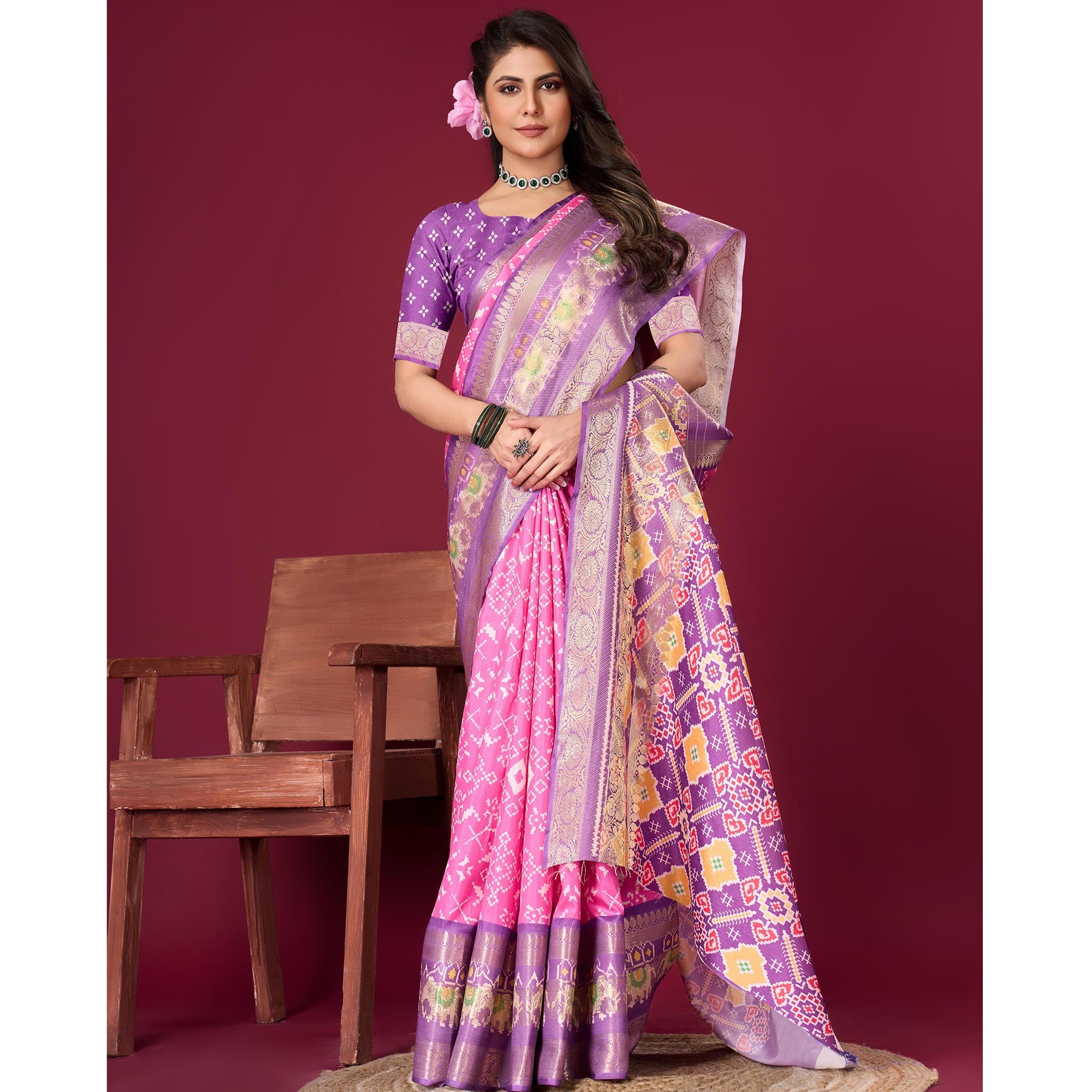 Pink & Purple Digital Patola Printed With Woven Border Dola Silk Saree