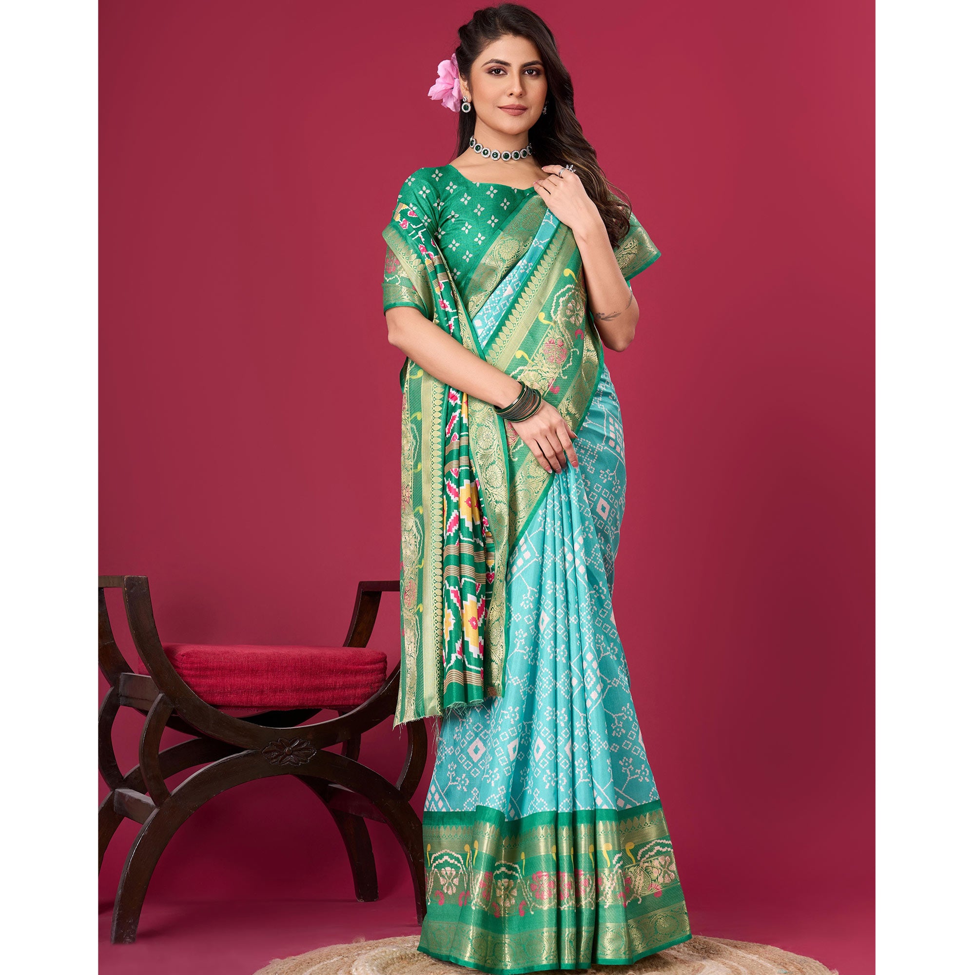 Turquoise & green Digital Patola Printed With Woven Border Dola Silk Saree