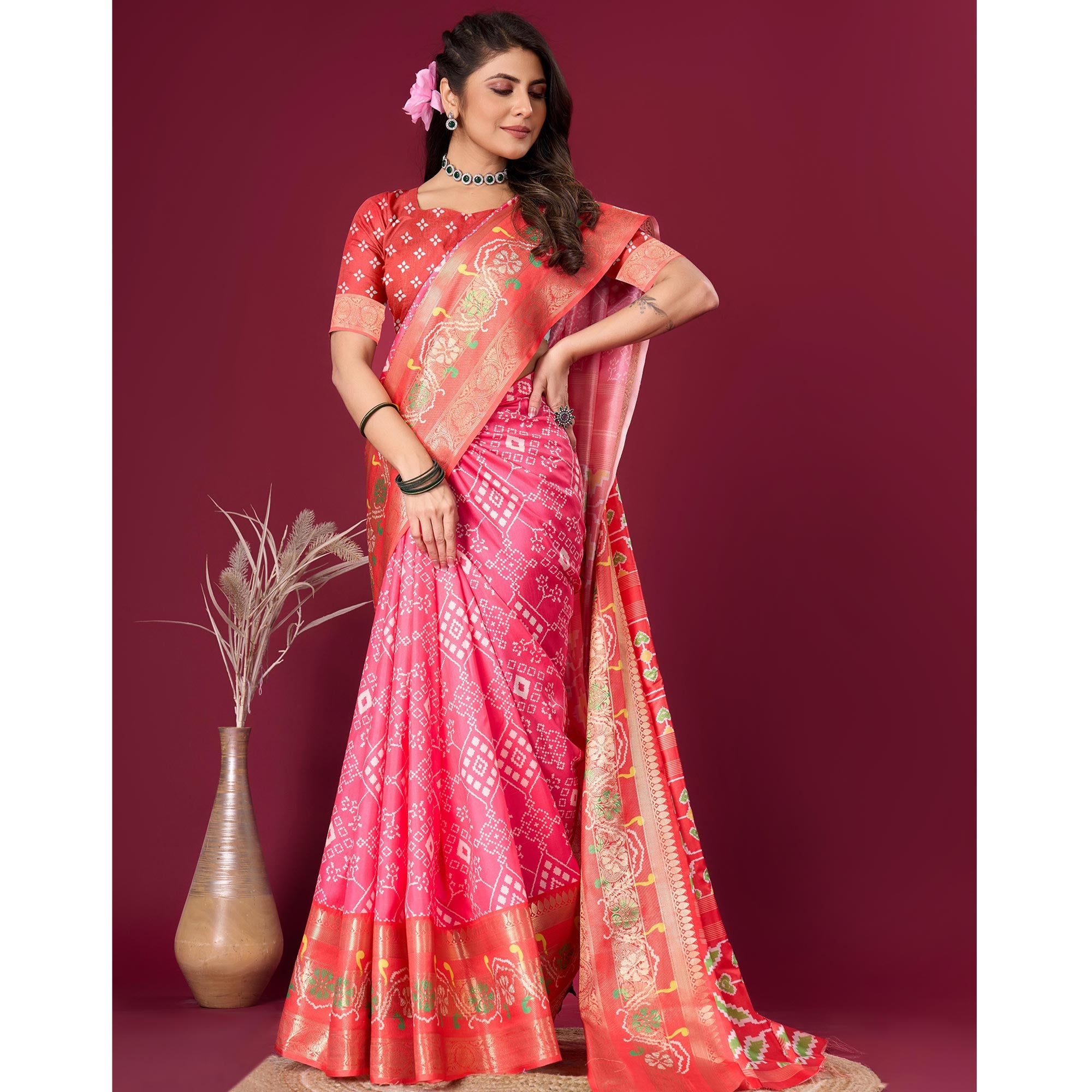 Pink & Red Digital Patola Printed With Woven Border Dola Silk Saree