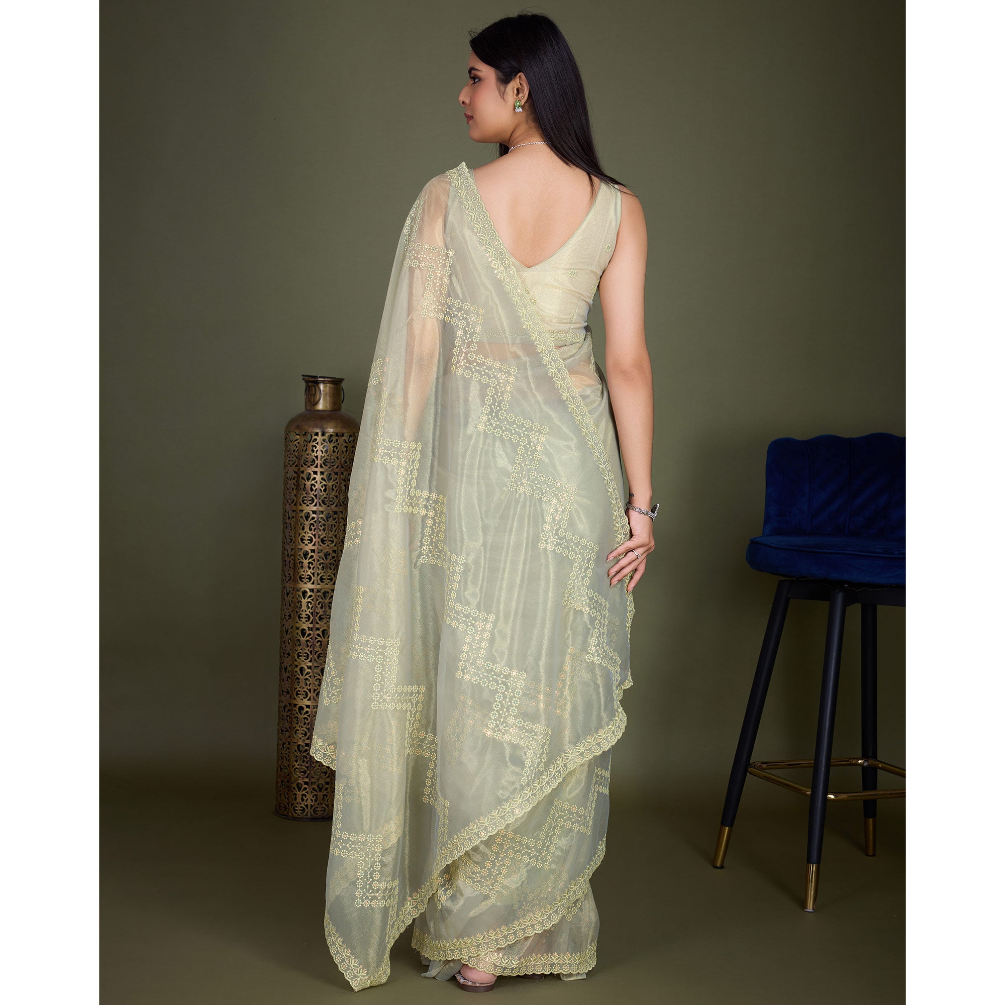 Light Olive Green Sequins Embroidered Shimmer Net Saree