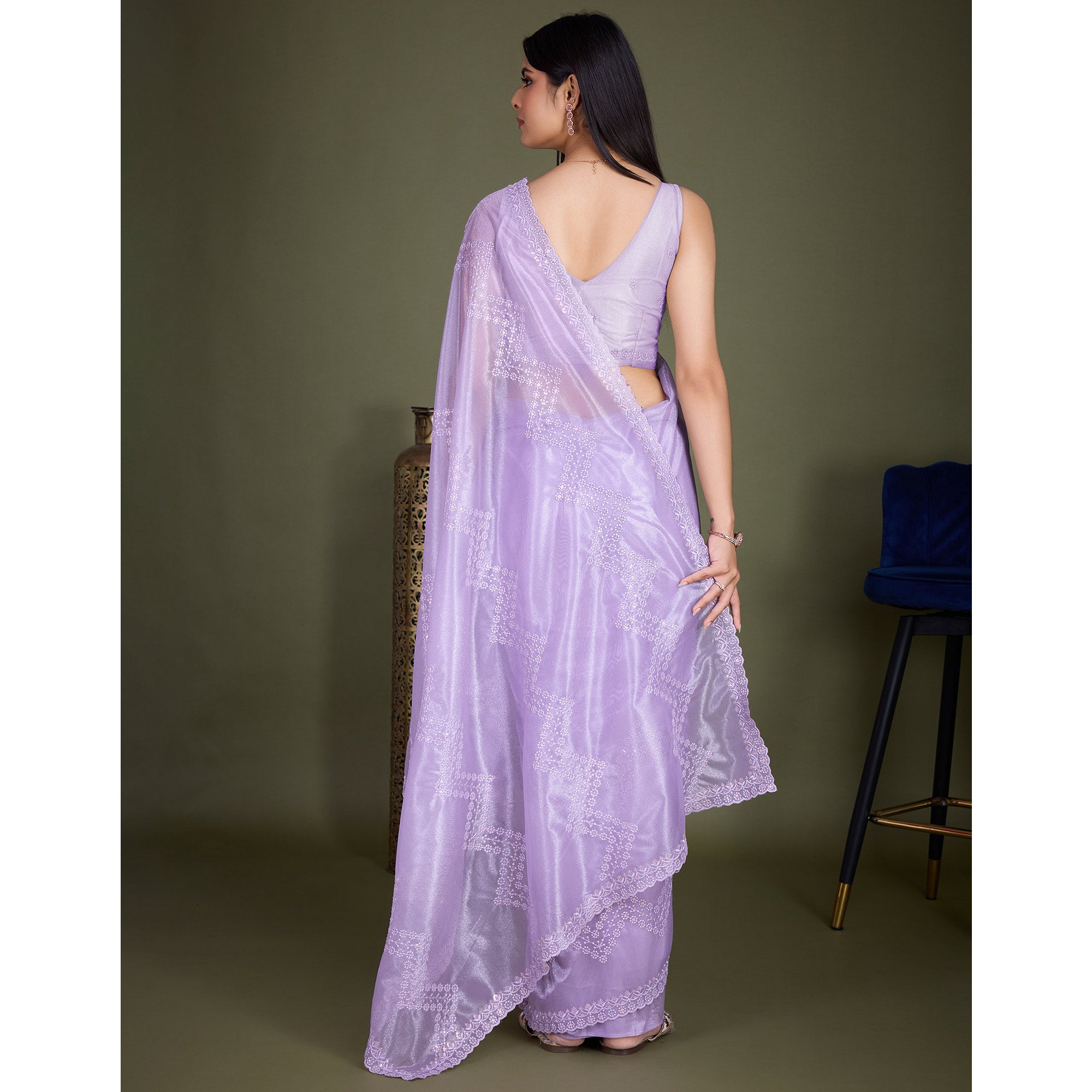 Lavender Sequins Embroidered Shimmer Net Saree