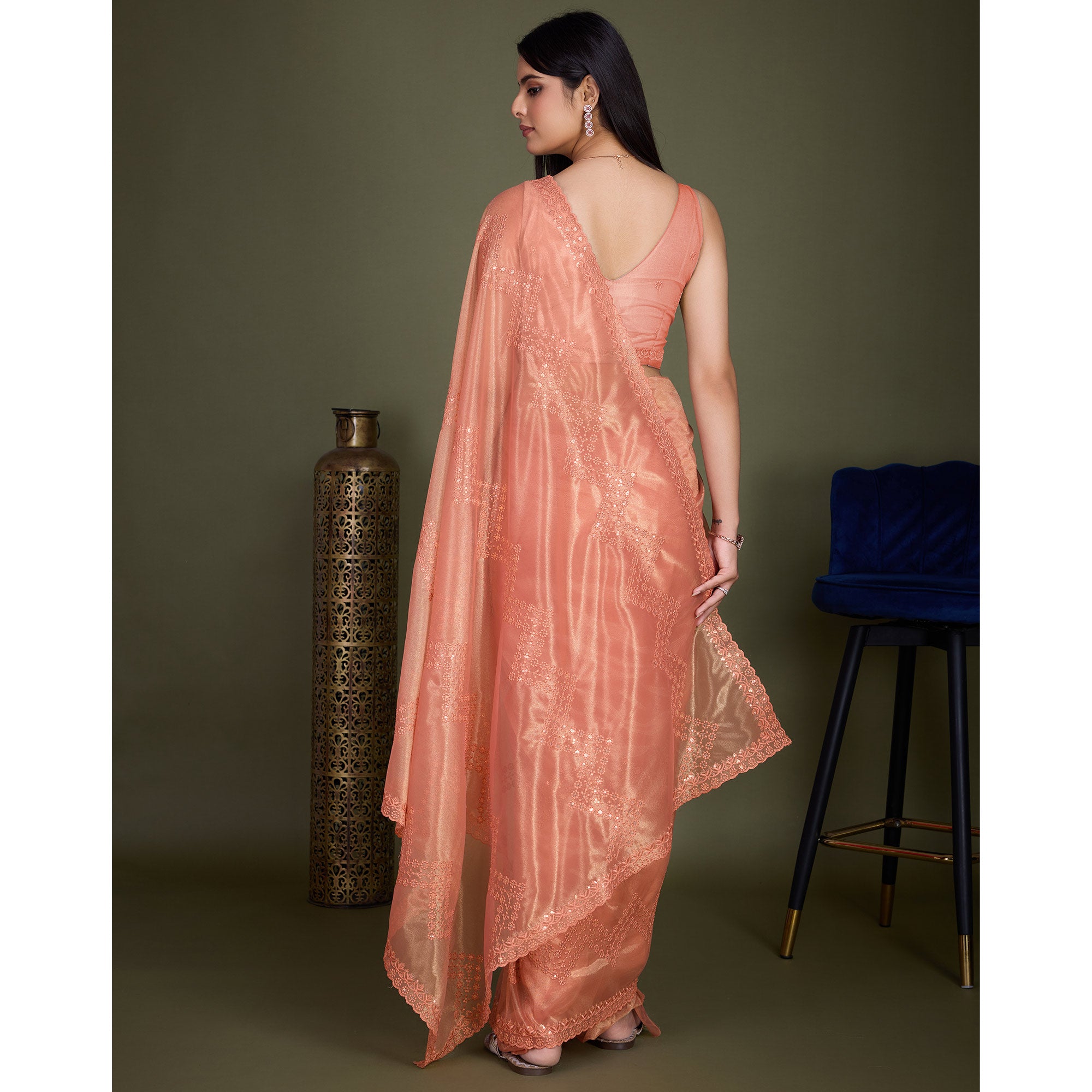 Peach Sequins Embroidered Shimmer Net Saree