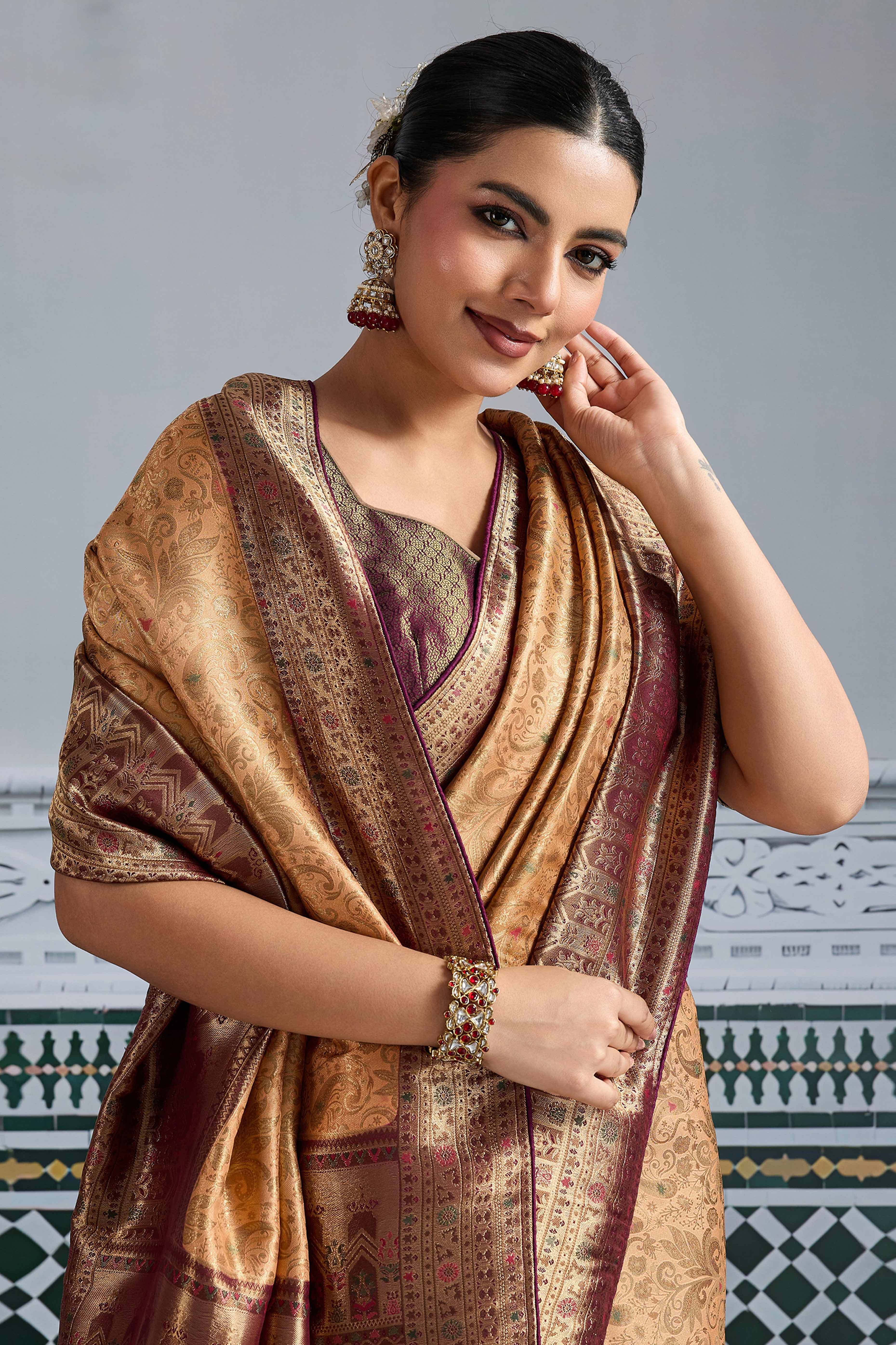 Peach Floral Meenakari Weaving Kanjivaram Silk Saree With Rich Piping & Tassel Pallu