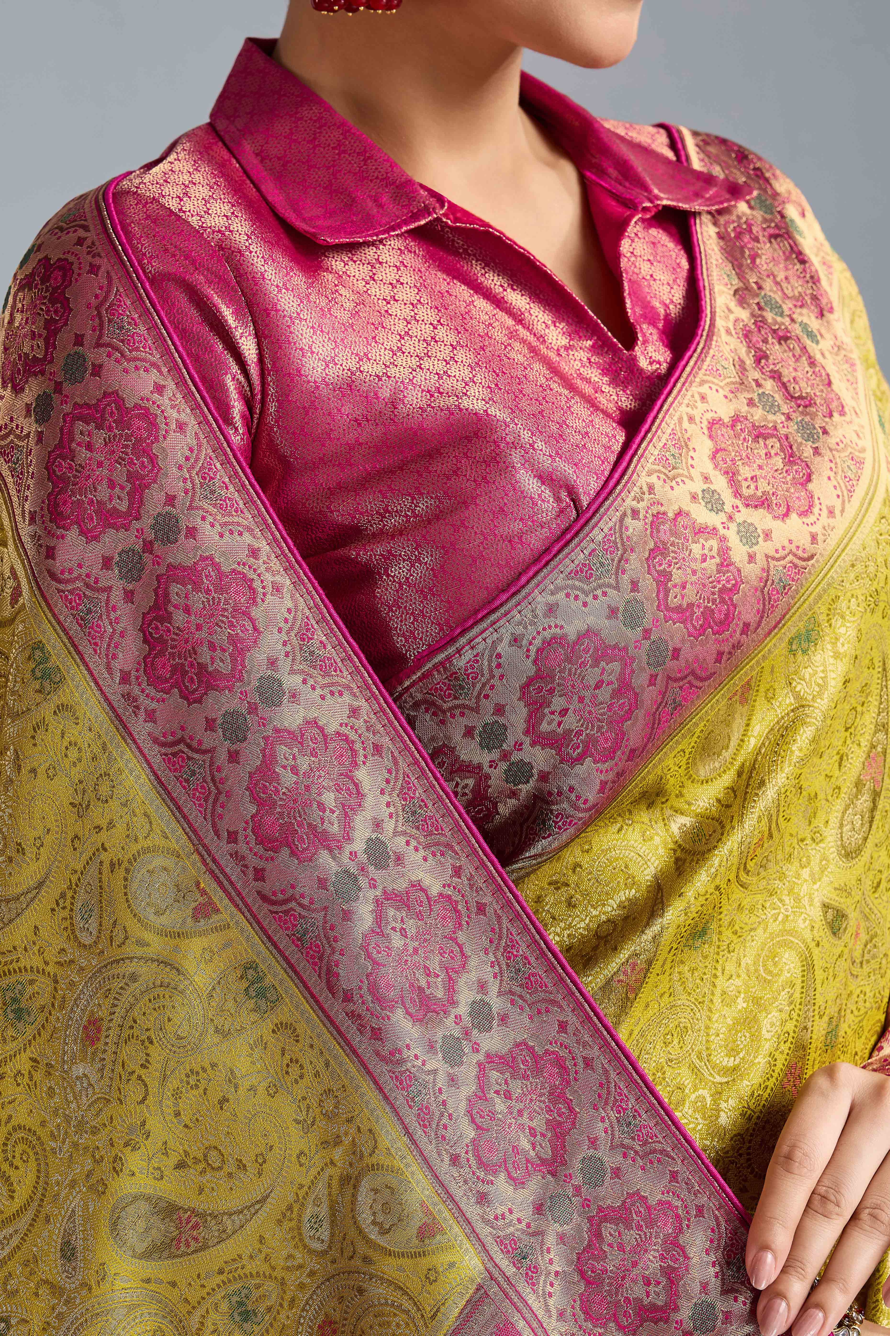 Mustard Meenakari Woven Kanjivaram Silk Saree For Festive Elegance