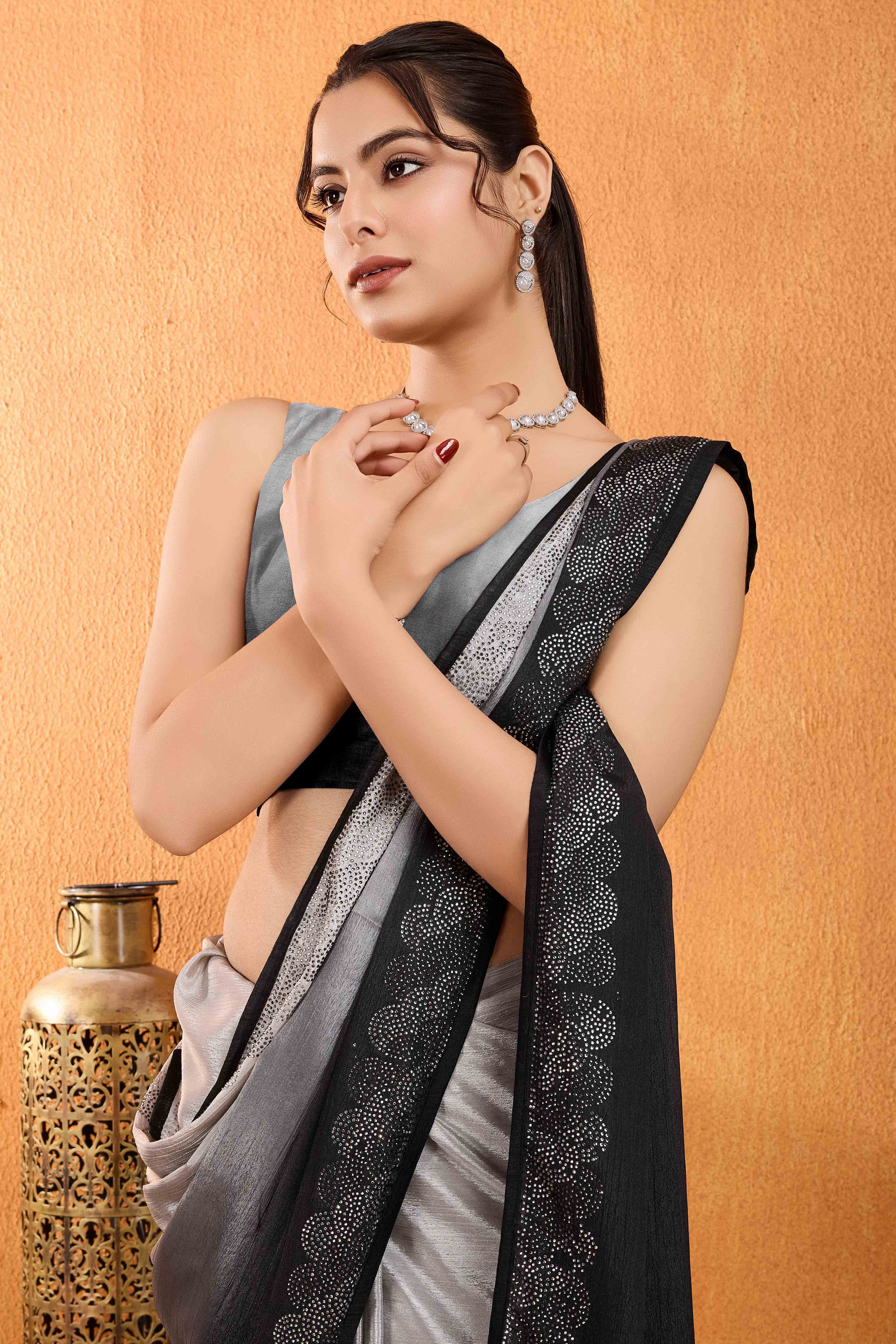 Black Dual Tone Swarovski Work Chinon Ombre Saree