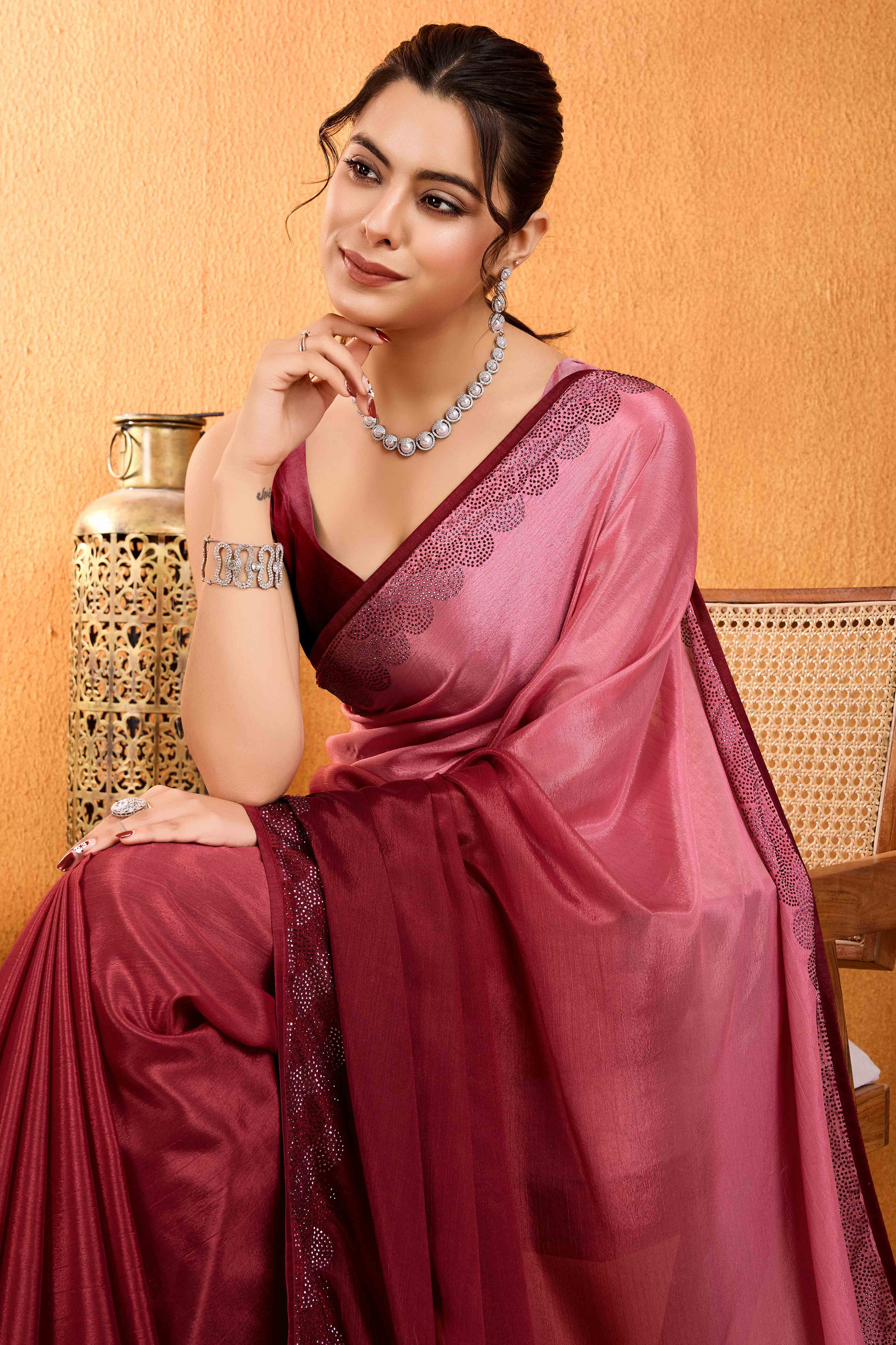 Maroon Dual Tone Swarovski Work Chinon Ombre Saree