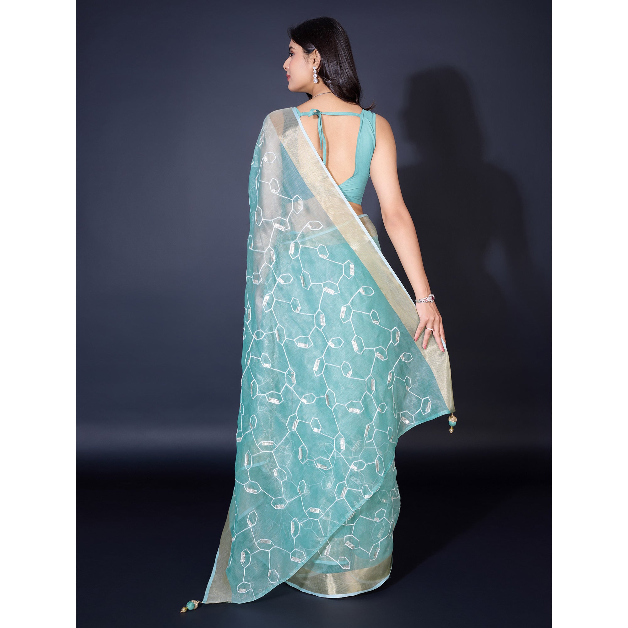 Blue Sequins Embroidered Cotton Silk Saree