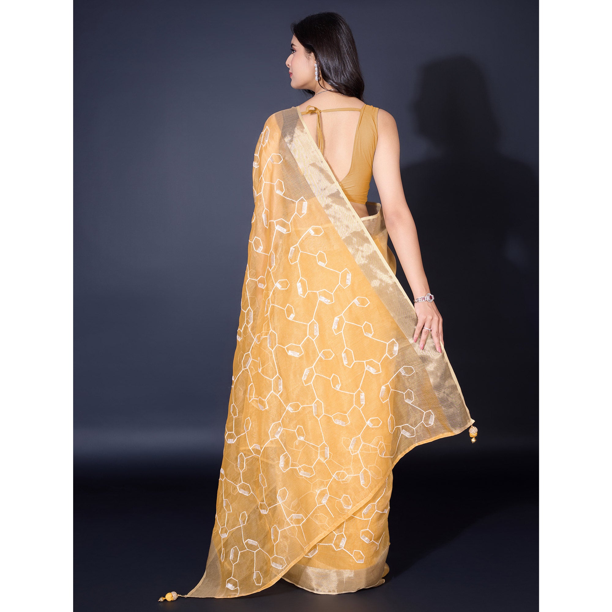 Yellow Sequins Embroidered Cotton Silk Saree