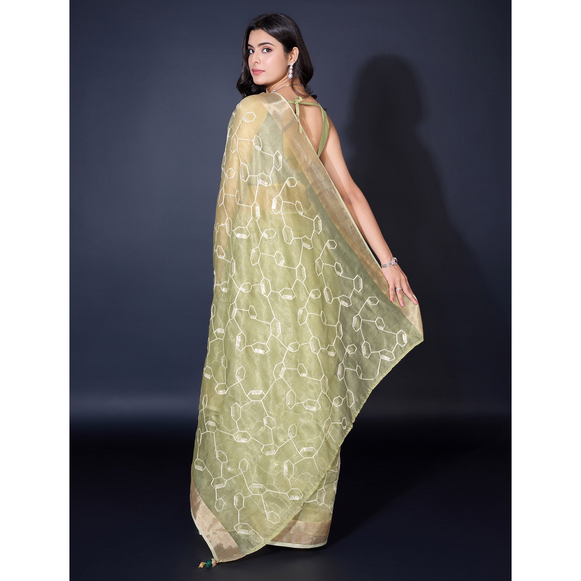 Green Sequins Embroidered Cotton Silk Saree