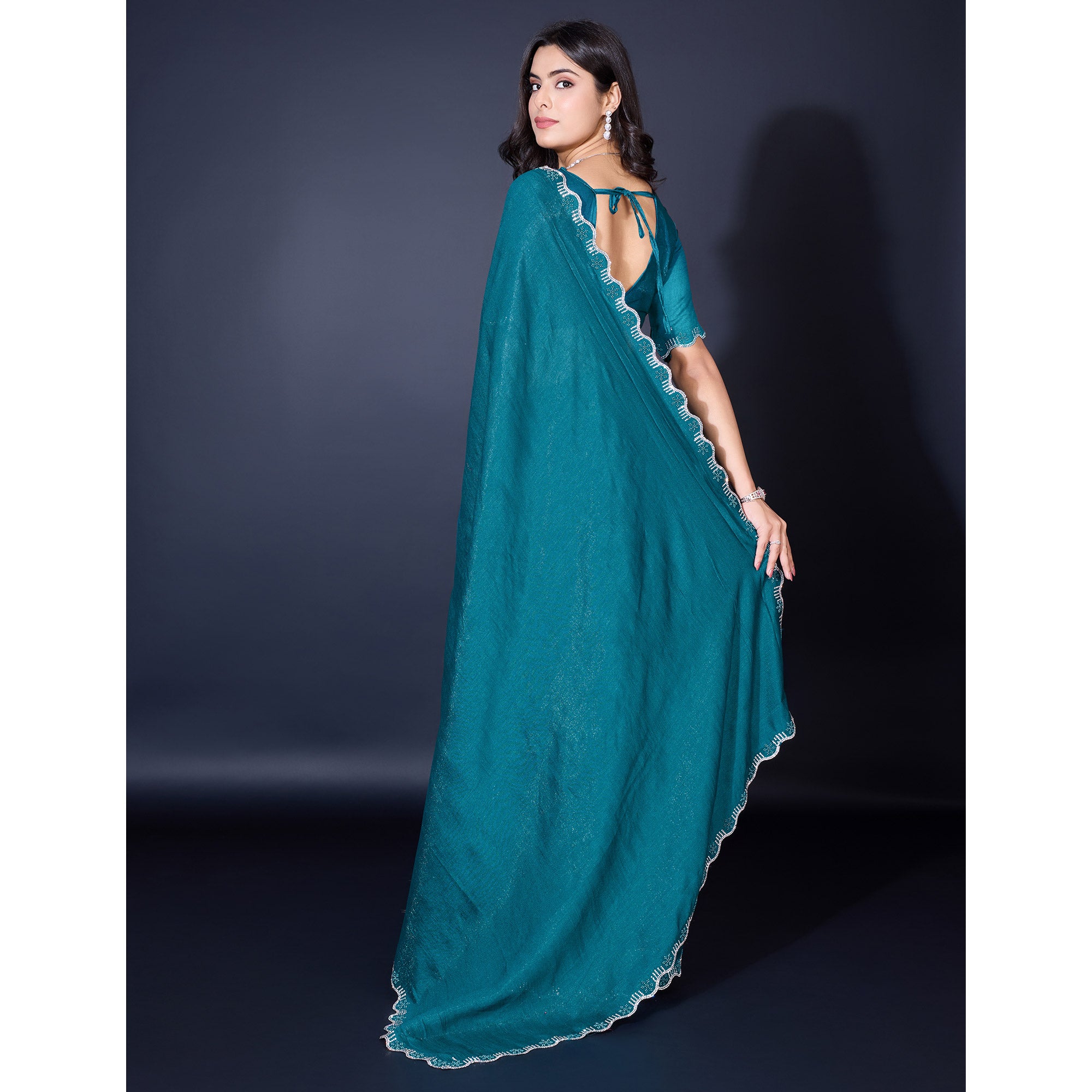 Teal Pearl Work Embroidered Khaadi Saree