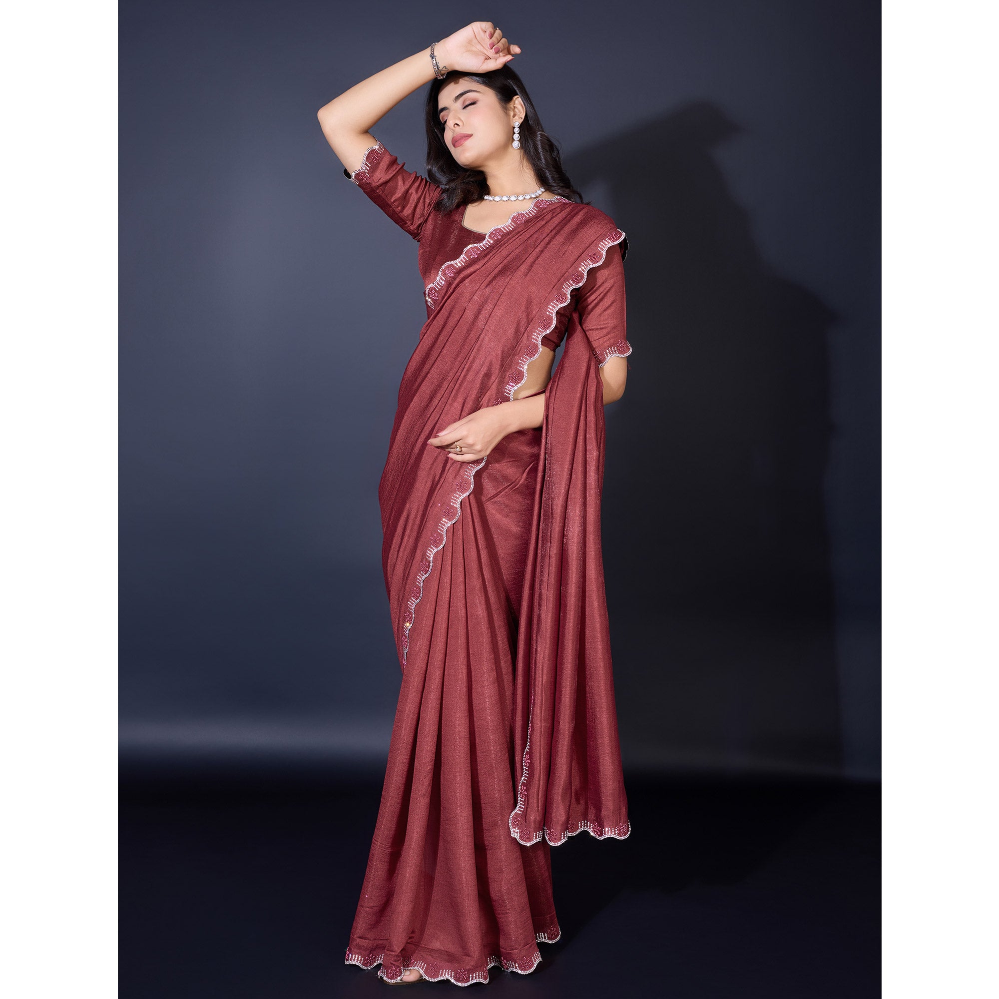 Brown Pearl Work Embroidered Khaadi Saree