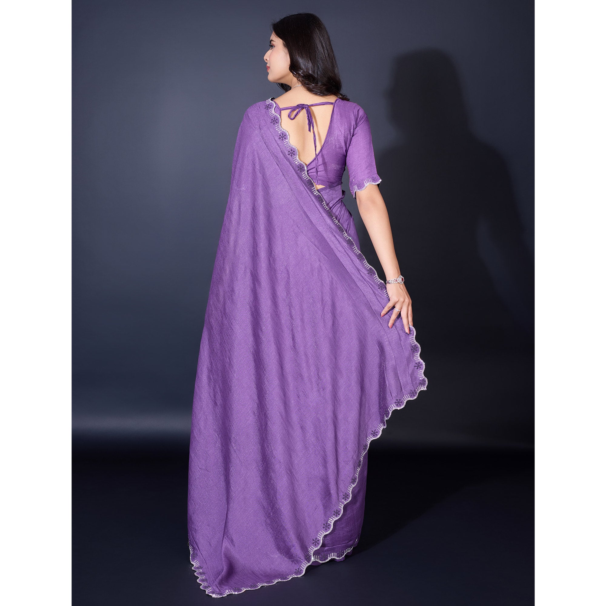 Lavender Pearl Work Embroidered Khaadi Saree