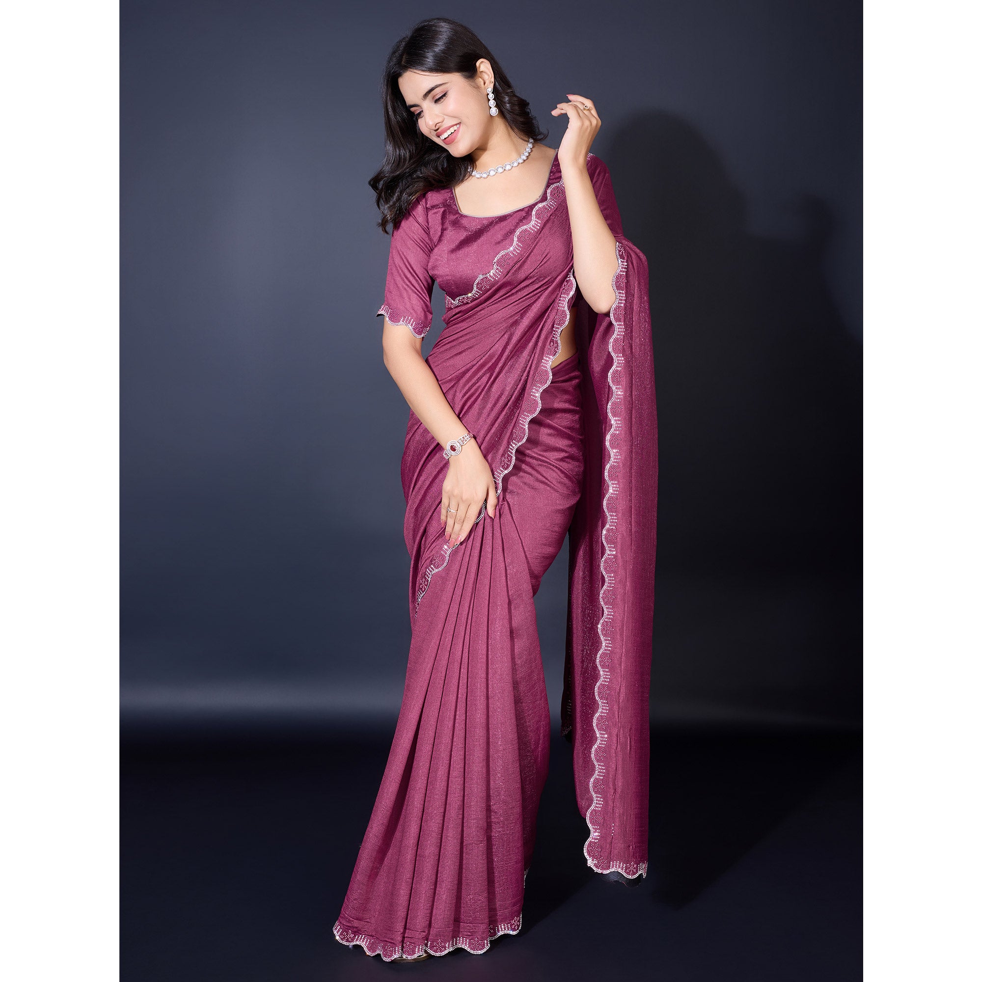 Mauve Pearl Work Embroidered Khaadi Saree