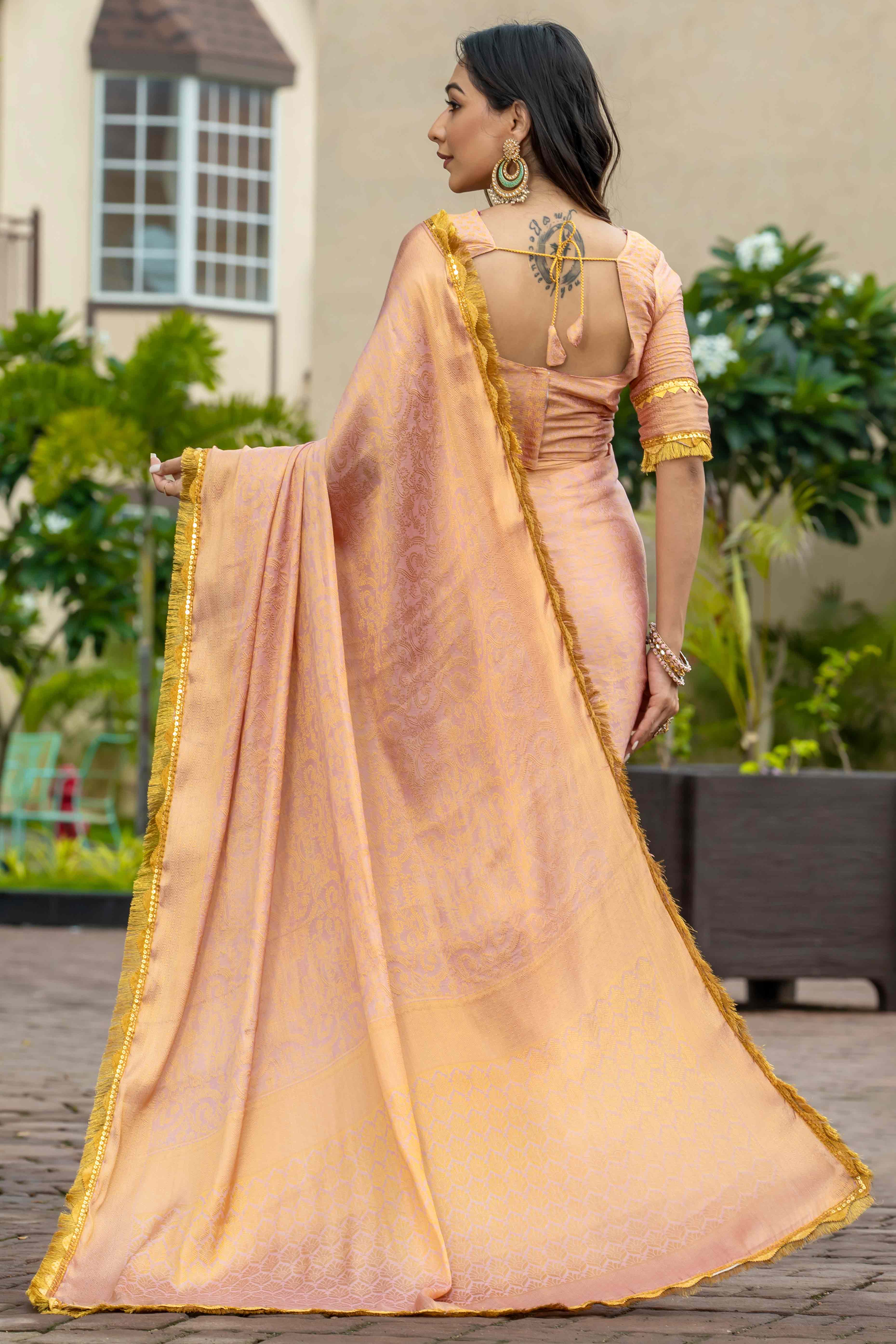 Peach Zari Weaving Mysore Brocade Silk Saree With Zari Border