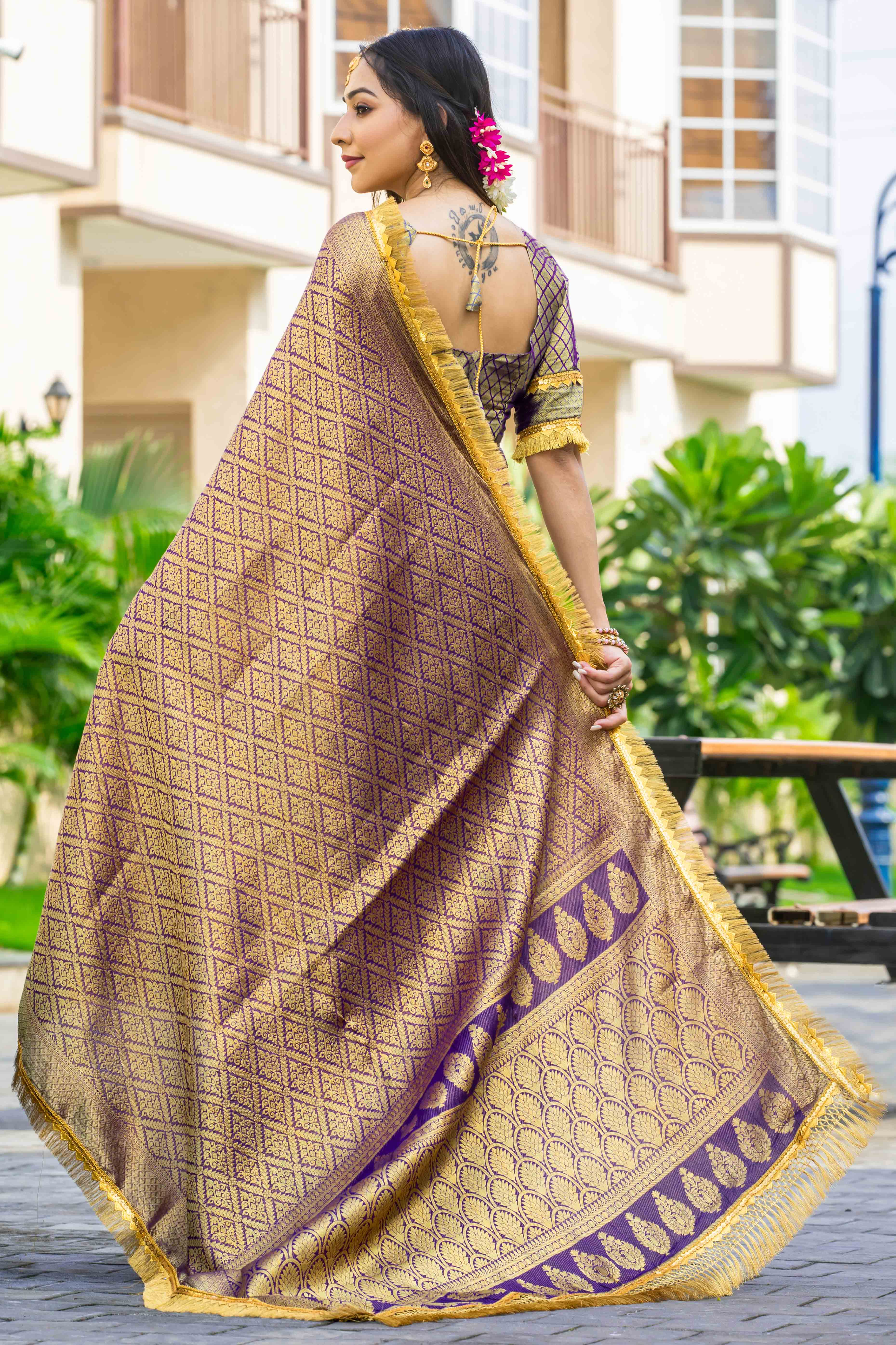 Purple Zari Weaving Mysore Brocade Silk Saree With Zari Border