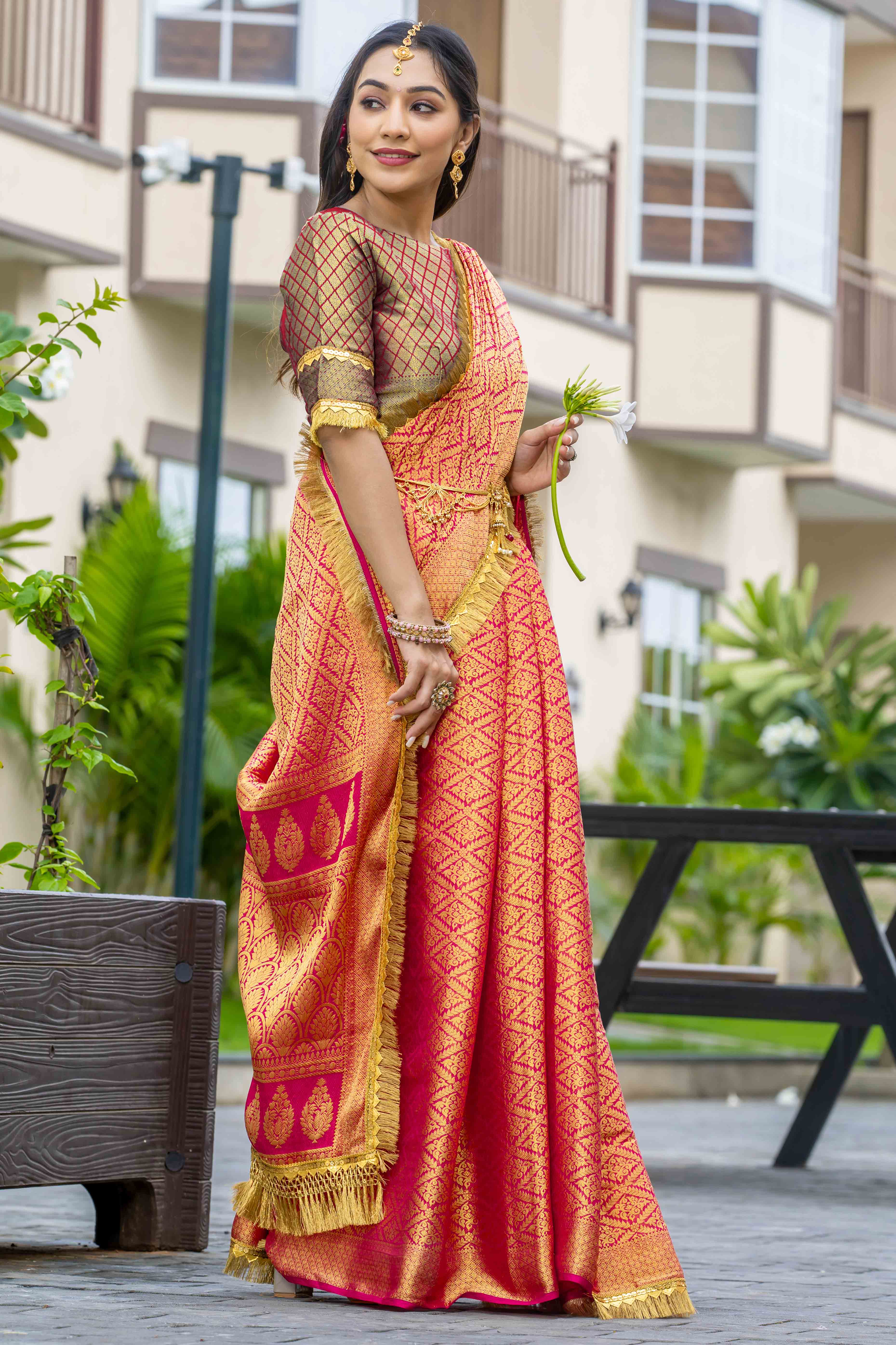 Pink Zari Weaving Mysore Brocade Silk Saree With Zari Border