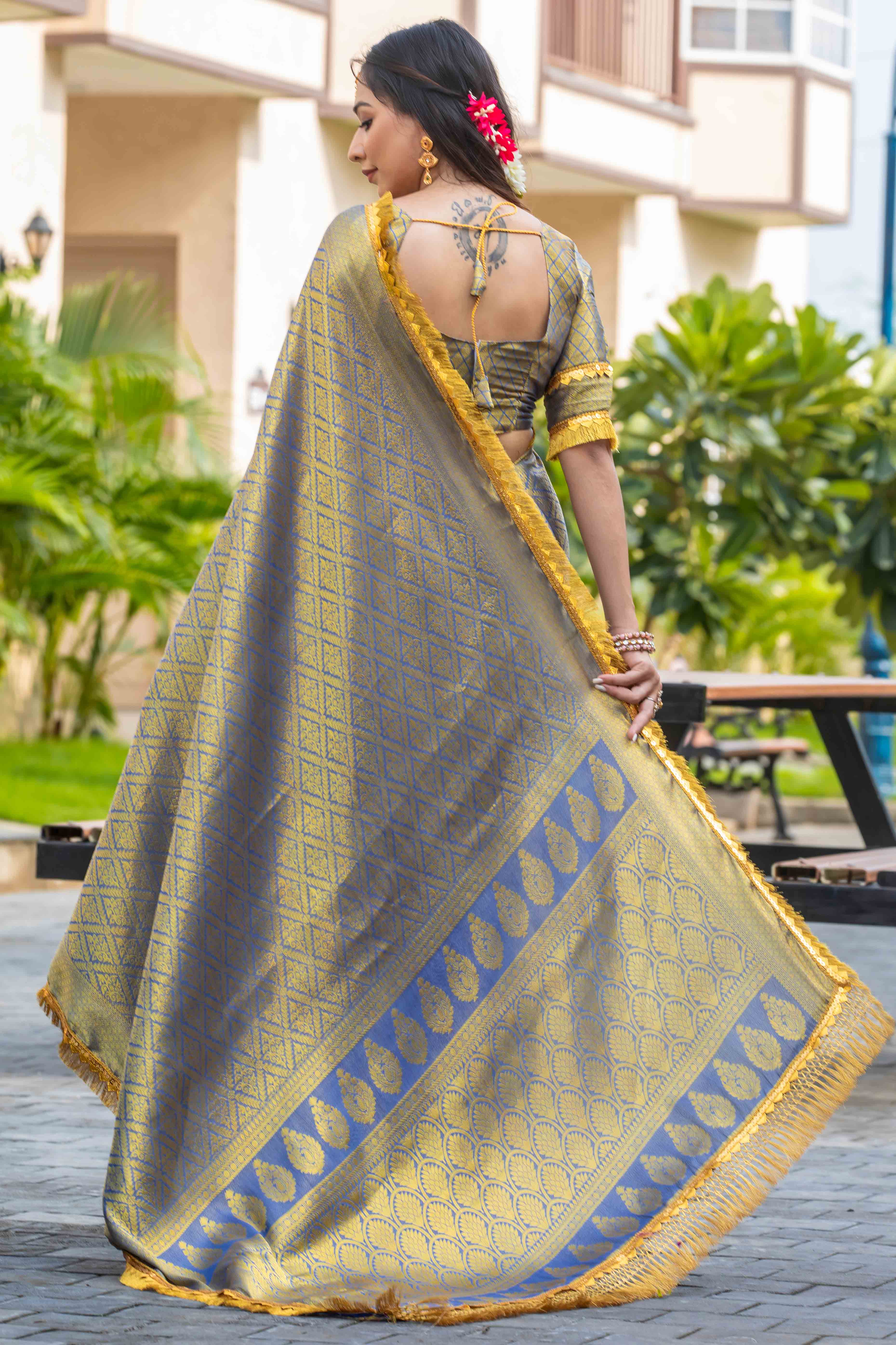 Grey Zari Weaving Mysore Brocade Silk Saree With Zari Border