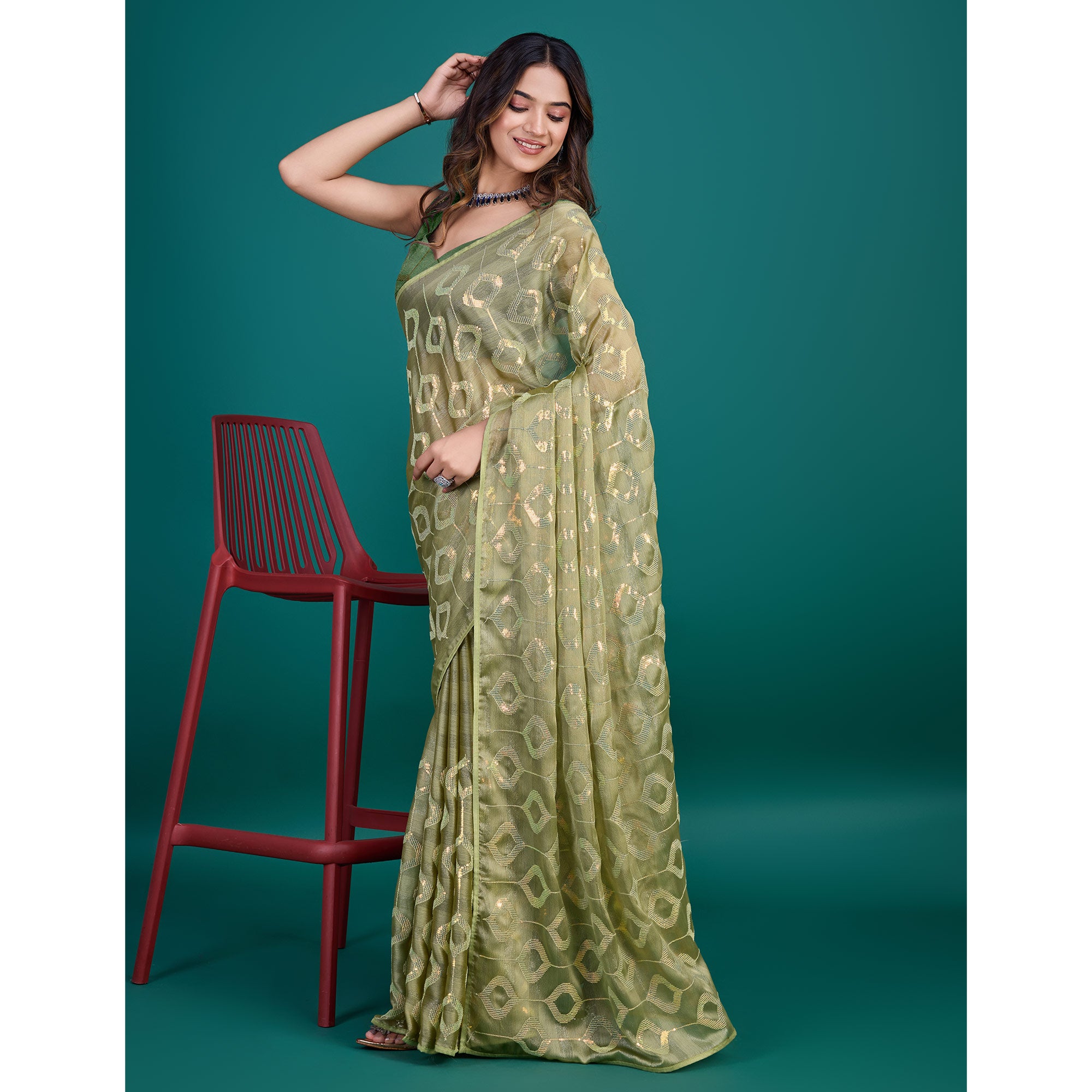 Green Sequins Embroidered Georgette Saree